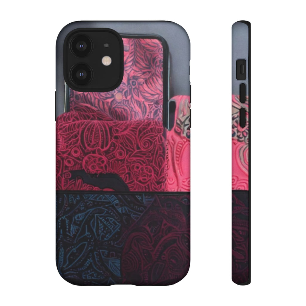 Floral Patchwork Tough Phone Case — Pink & Navy Doodle Design