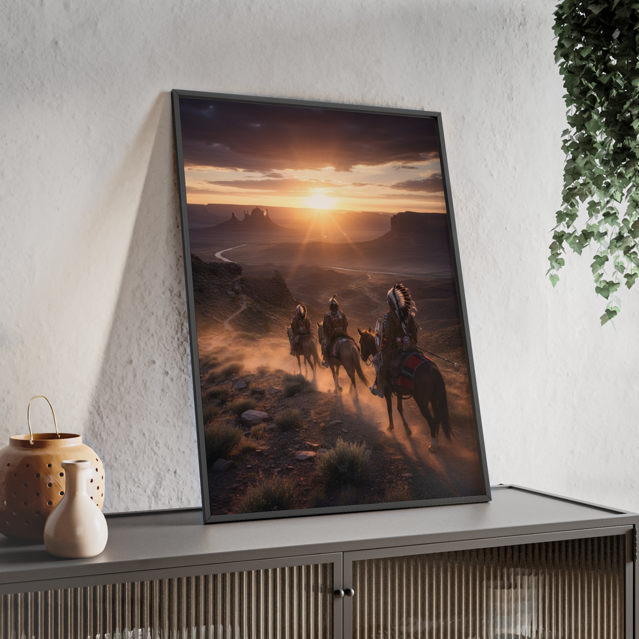 Framed Western Sunset Poster — Native Riders on Horseback Wall Art