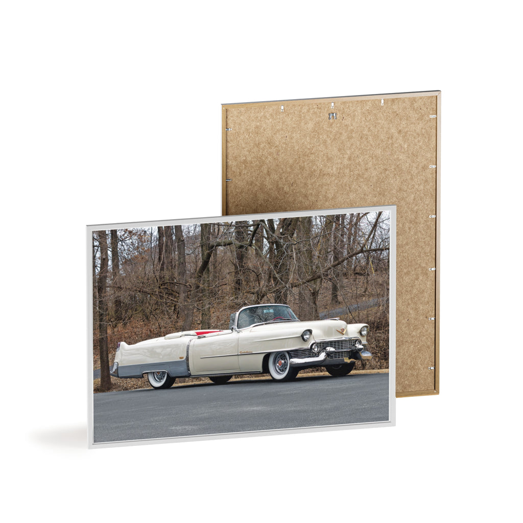 Vintage 1950s White Cadillac Poster with Wooden Frame - Classic Car Wall Art