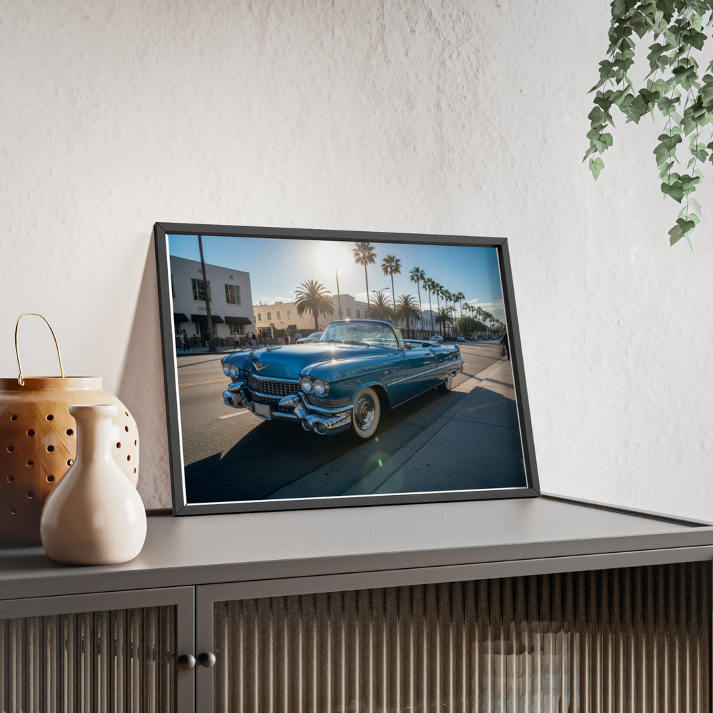 Framed Vintage Cadillac Poster – Retro Palm-Tree Coastal Car Wall Art