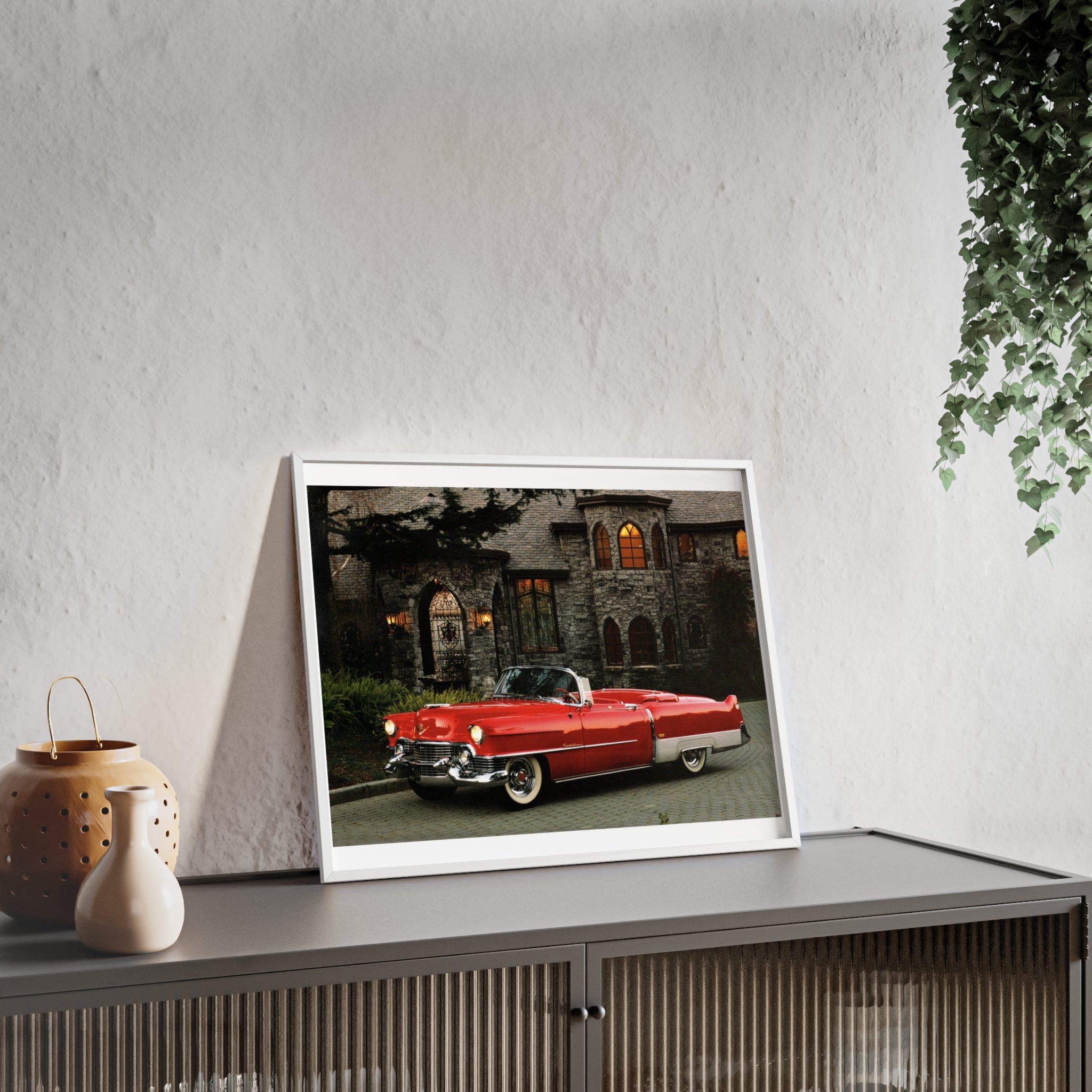 Vintage Red Convertible Poster with Wooden Frame — Classic Car Wall Art