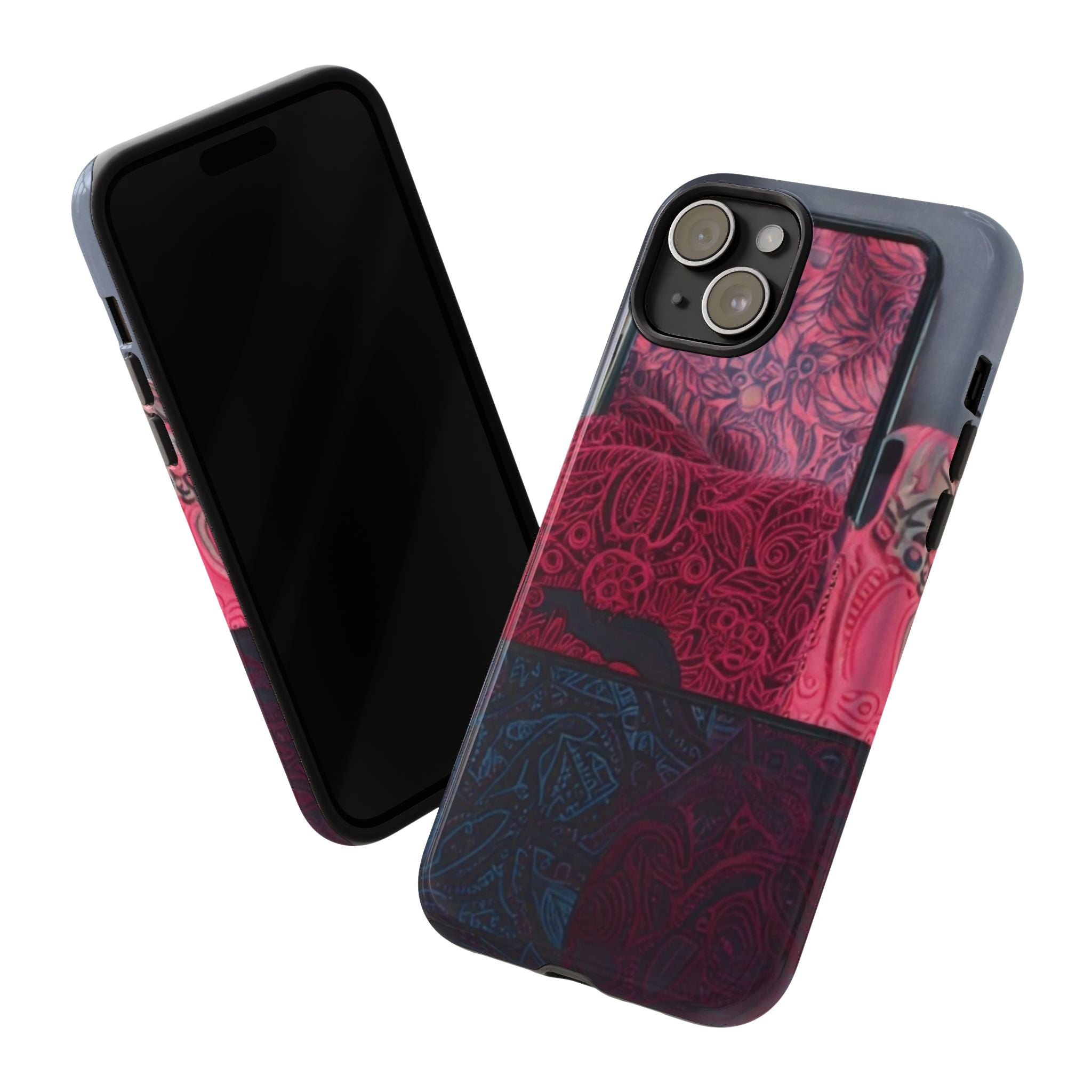 Floral Patchwork Tough Phone Case — Pink & Navy Doodle Design