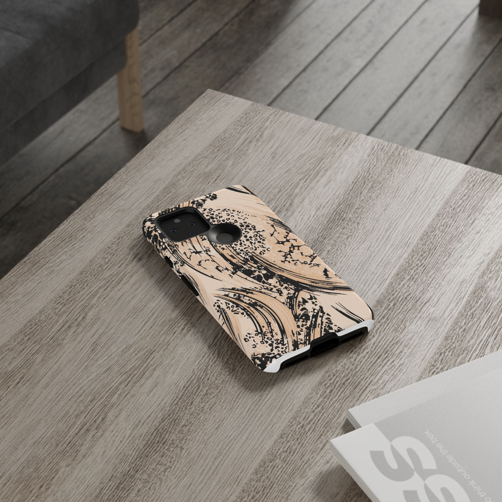 Abstract Brushstroke Phone Case — Neutral Beige & Black Artistic Protective Cover