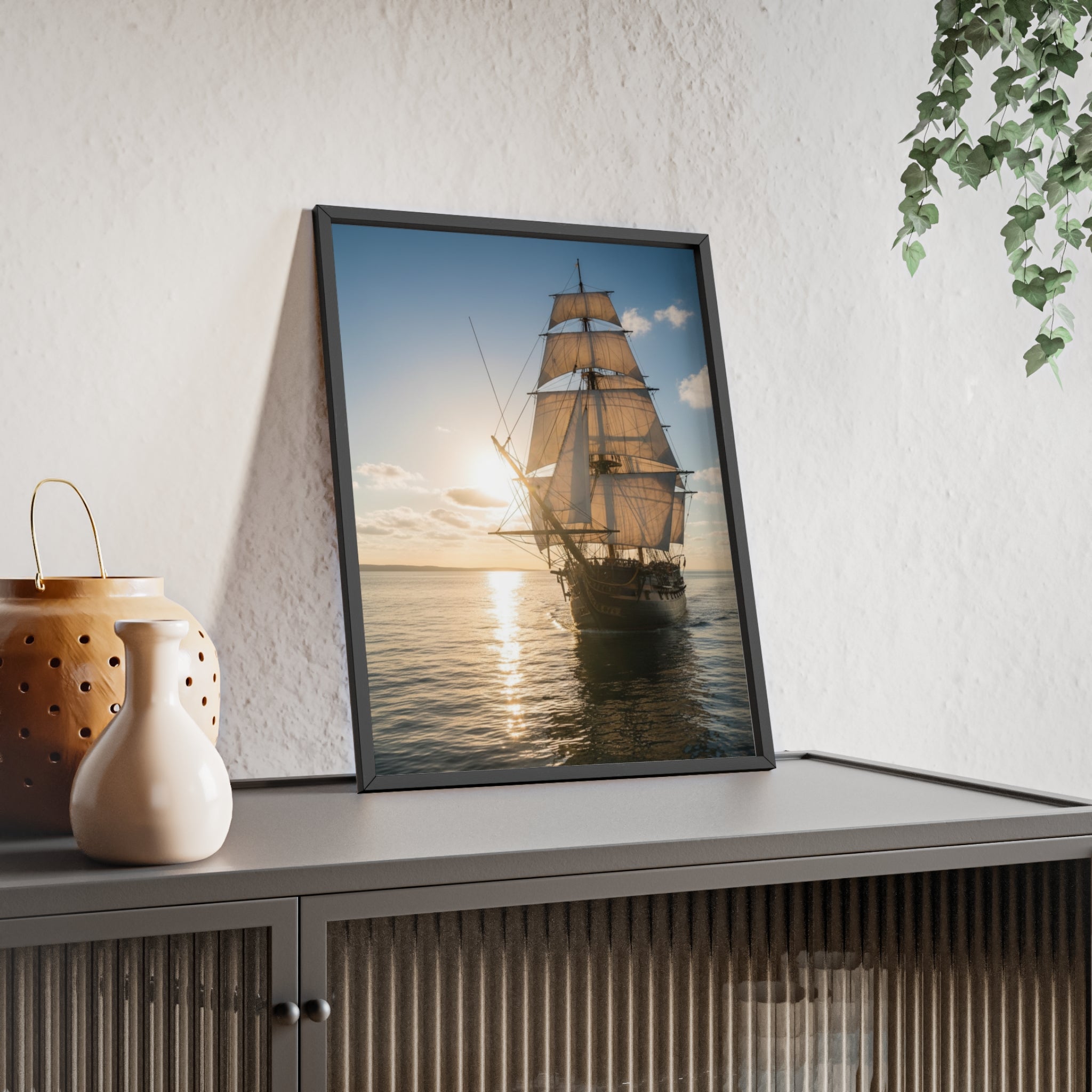 Sailboat Sunset Poster with Wooden Frame — Nautical Wall Art