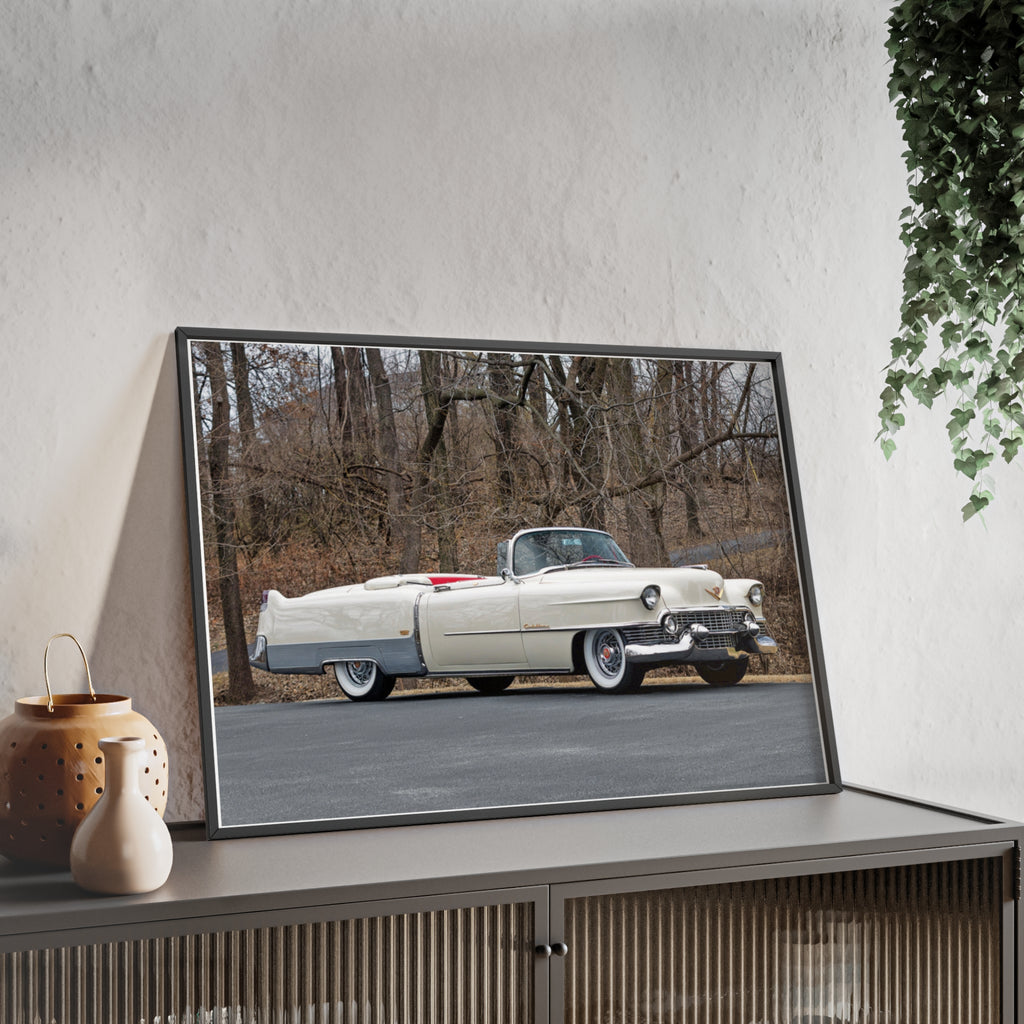 Vintage 1950s White Cadillac Poster with Wooden Frame - Classic Car Wall Art