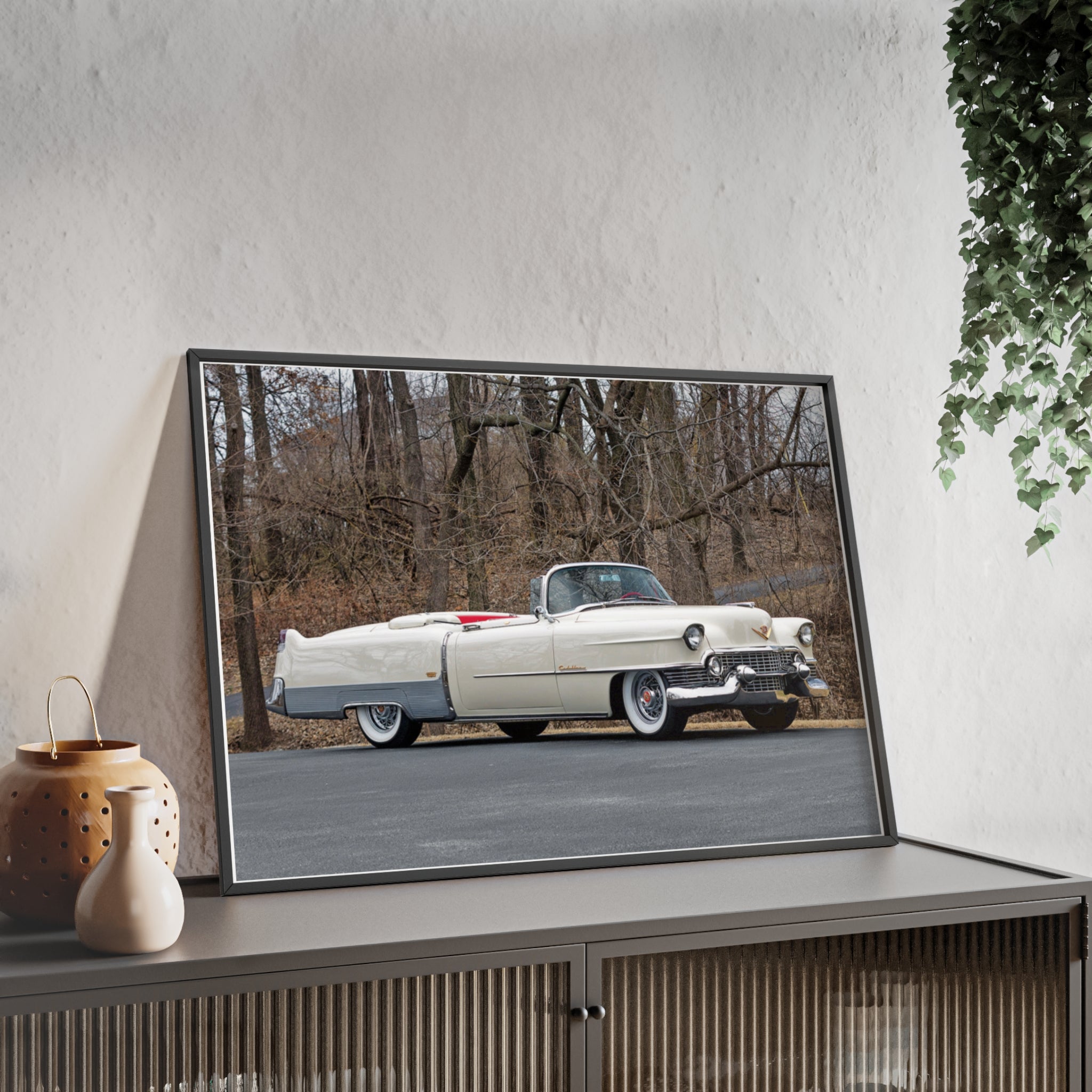 Vintage 1950s White Cadillac Poster with Wooden Frame - Classic Car Wall Art