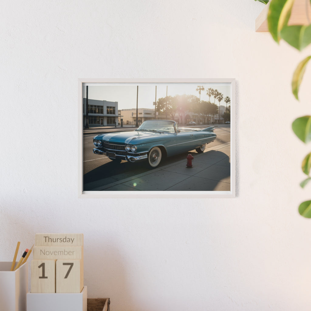 Vintage Blue Cadillac Poster with Wooden Frame – Retro Car Wall Art