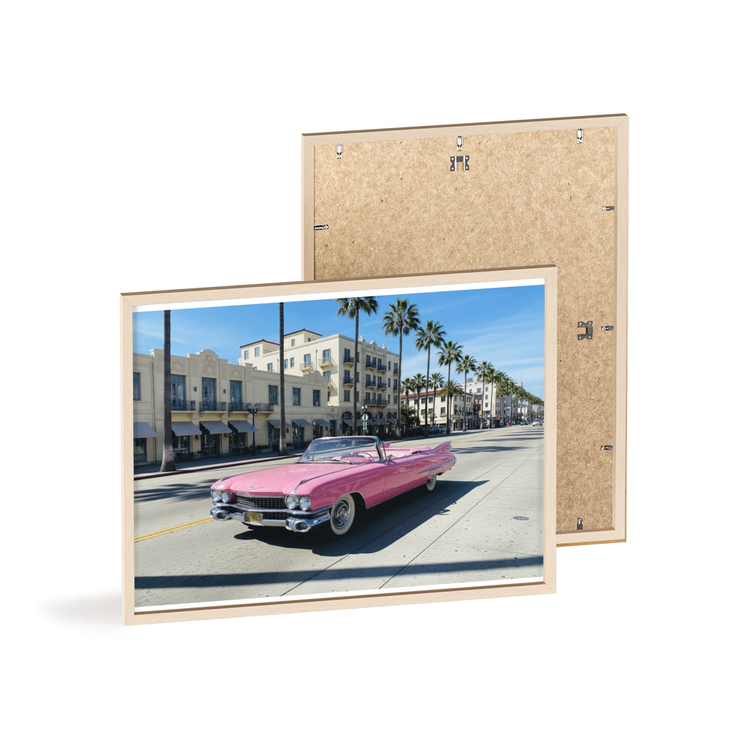 Retro Pink Cadillac Poster with Wooden Frame — Vintage Palm-Drive Wall Art