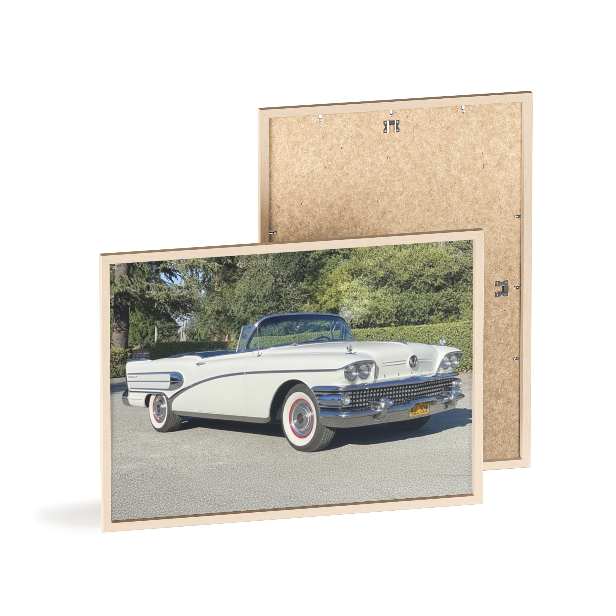 Classic White Convertible Car Poster with Wooden Frame — Vintage Auto Wall Art