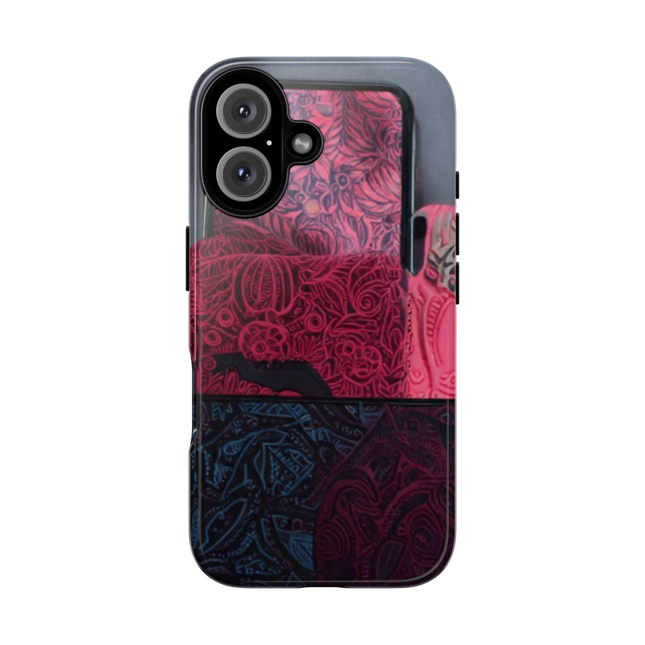Floral Patchwork Tough Phone Case — Pink & Navy Doodle Design