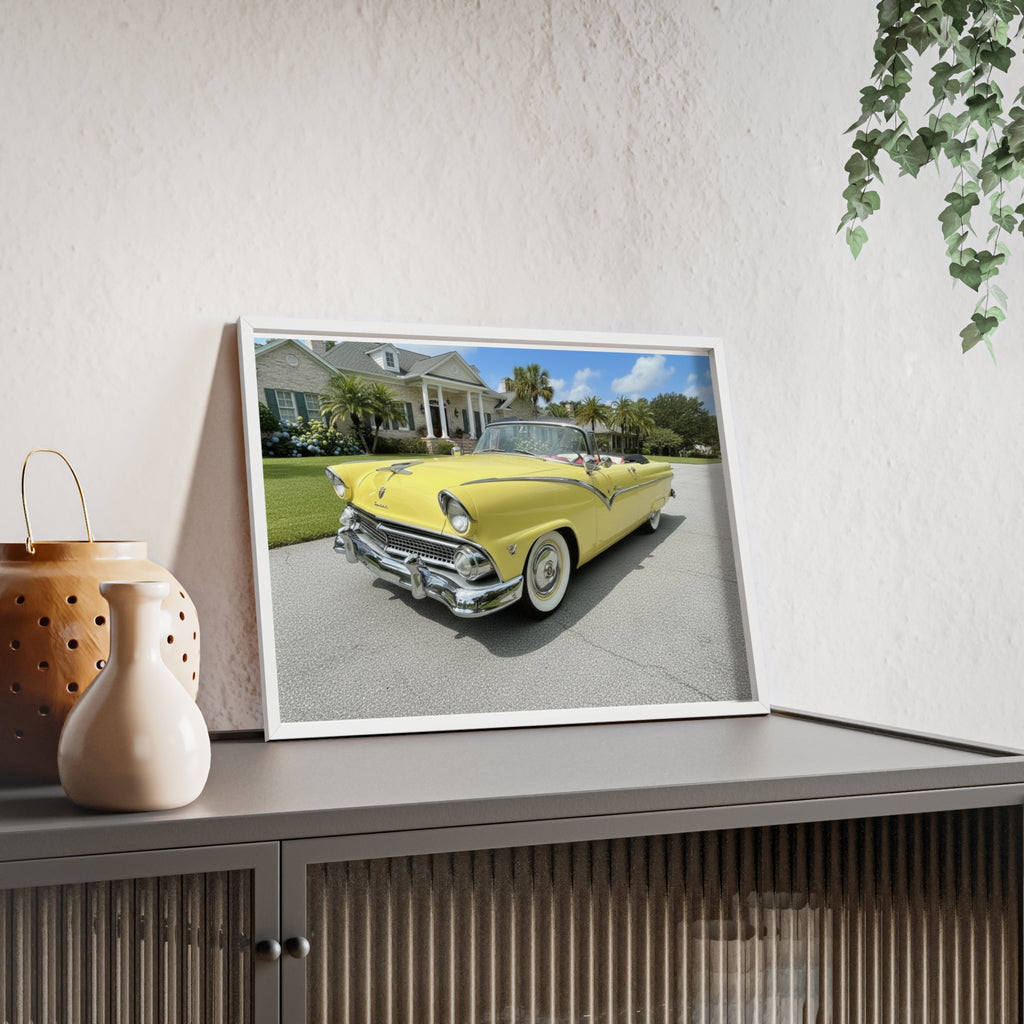 Vintage Yellow Classic Car Poster — Framed Wooden Wall Art