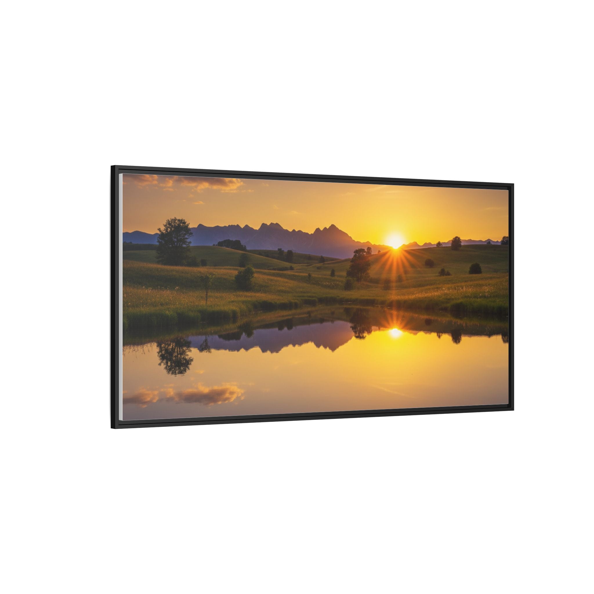 Framed Matte Canvas Sunset Landscape — Serene Lake Reflection Wall Art