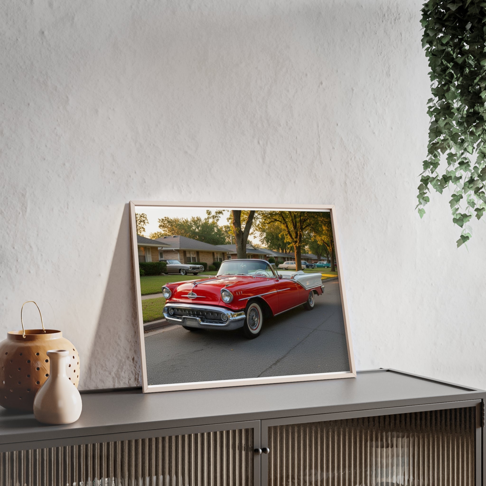 Vintage Red Convertible Poster with Wooden Frame — Classic Car Wall Art