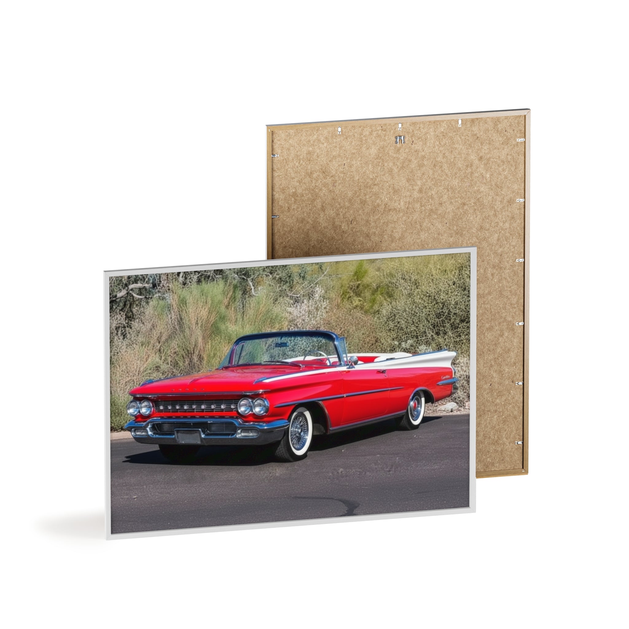 Vintage Red Convertible Car Poster with Wooden Frame — Classic Auto Wall Art