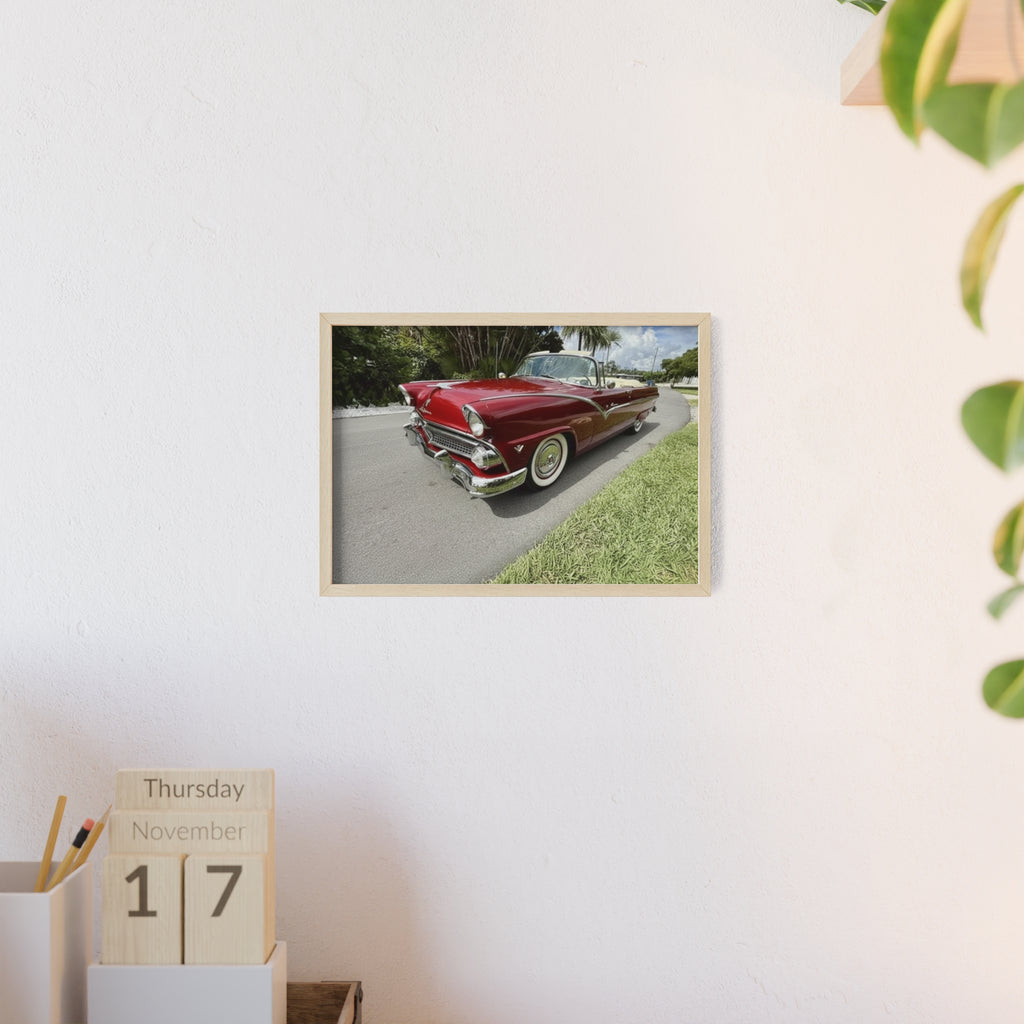 Vintage Red Convertible Poster with Wooden Frame — Classic Car Wall Art