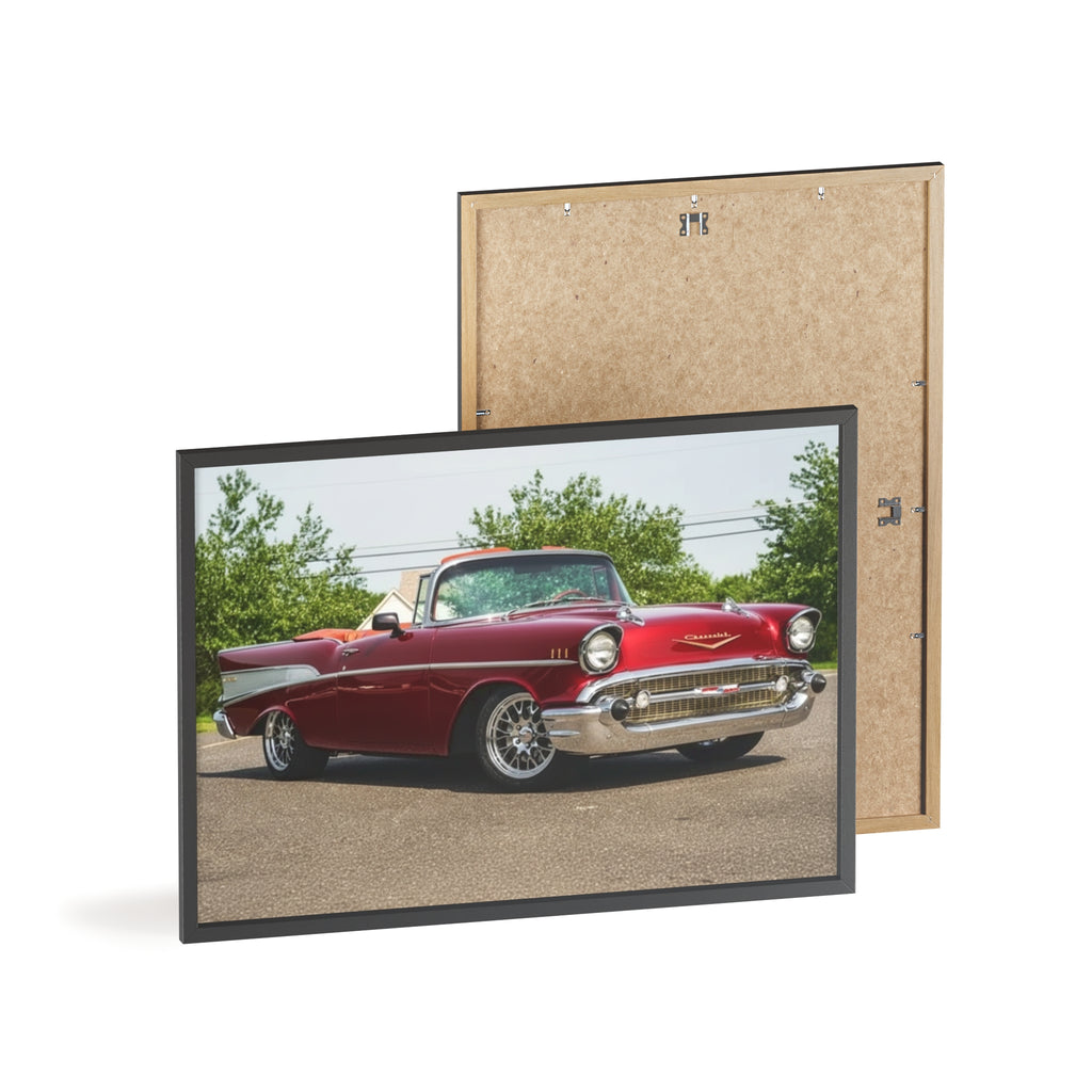 Vintage Red Classic Car Poster with Wooden Frame — Retro Automotive Wall Art