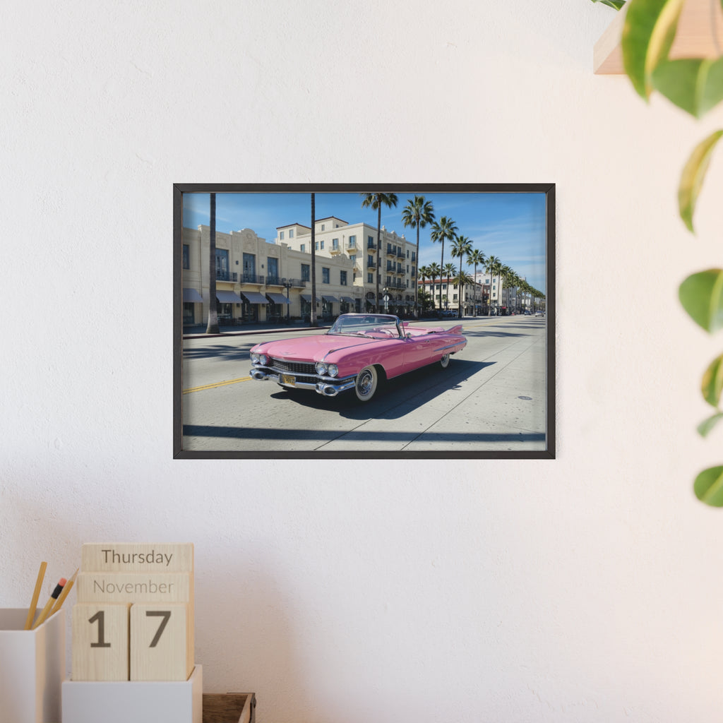 Retro Pink Cadillac Poster with Wooden Frame — Vintage Palm-Drive Wall Art