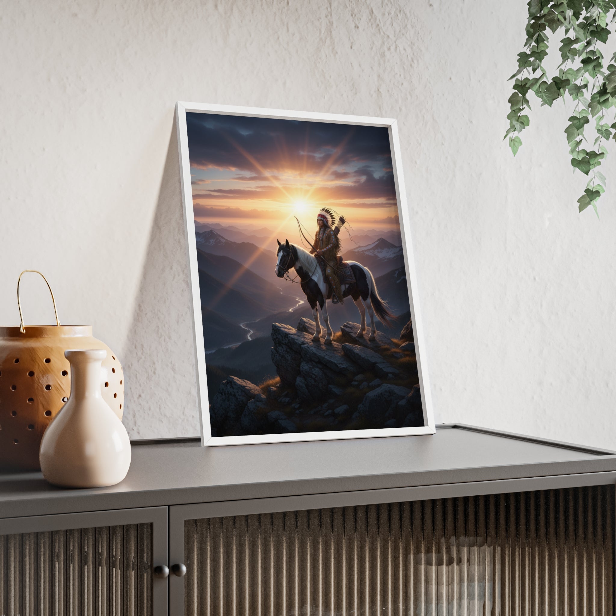 Native American Warrior on Horse Framed Poster — Scenic Sunrise Wall Art