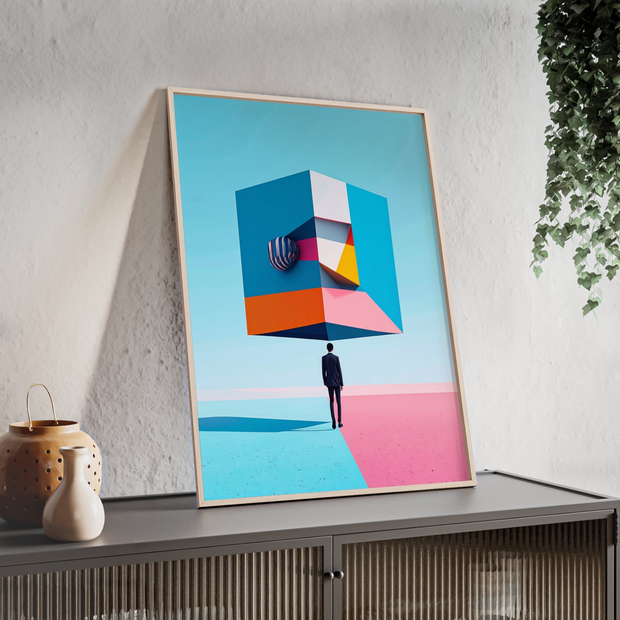 Surreal Geometric Art Poster with Wooden Frame — Modern Minimal Wall Decor