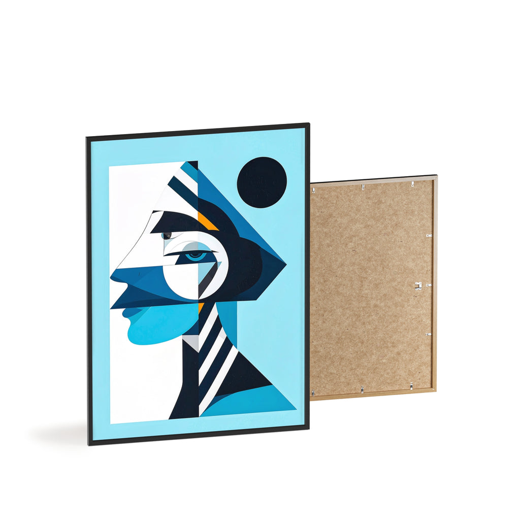 Abstract Geometric Portrait Poster with Wooden Frame — Blue Modern Wall Art