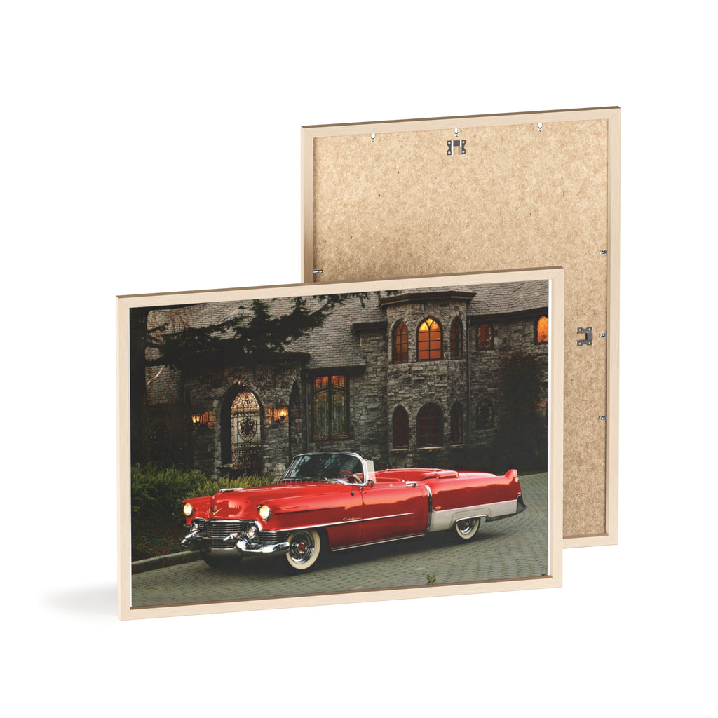 Vintage Red Convertible Poster with Wooden Frame — Classic Car Wall Art