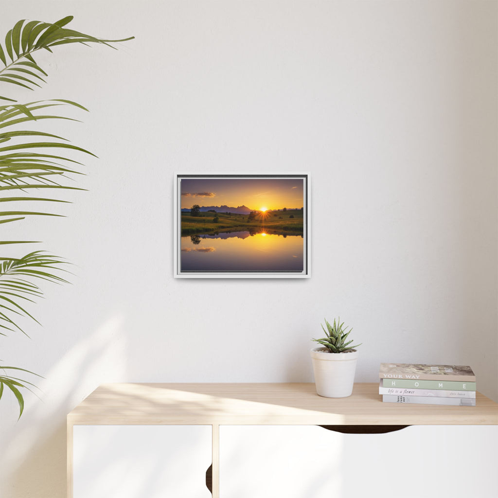 Framed Matte Canvas Sunset Landscape — Serene Lake Reflection Wall Art