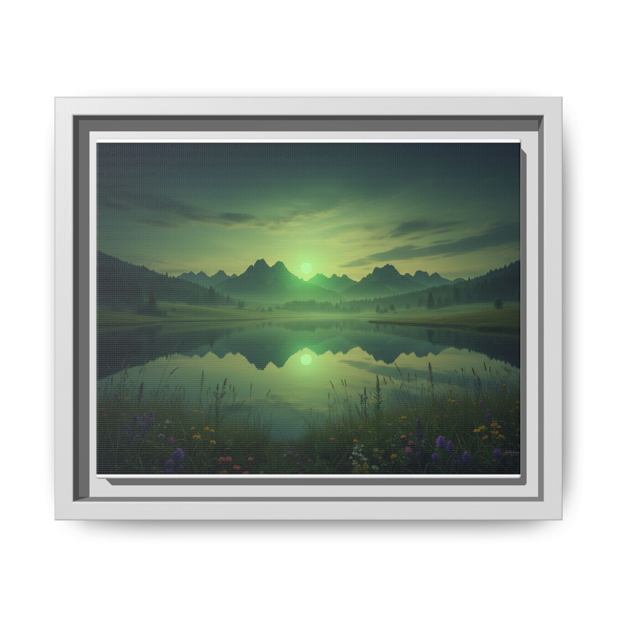 Framed Matte Canvas Print — Serene Green Mountain Lake Landscape