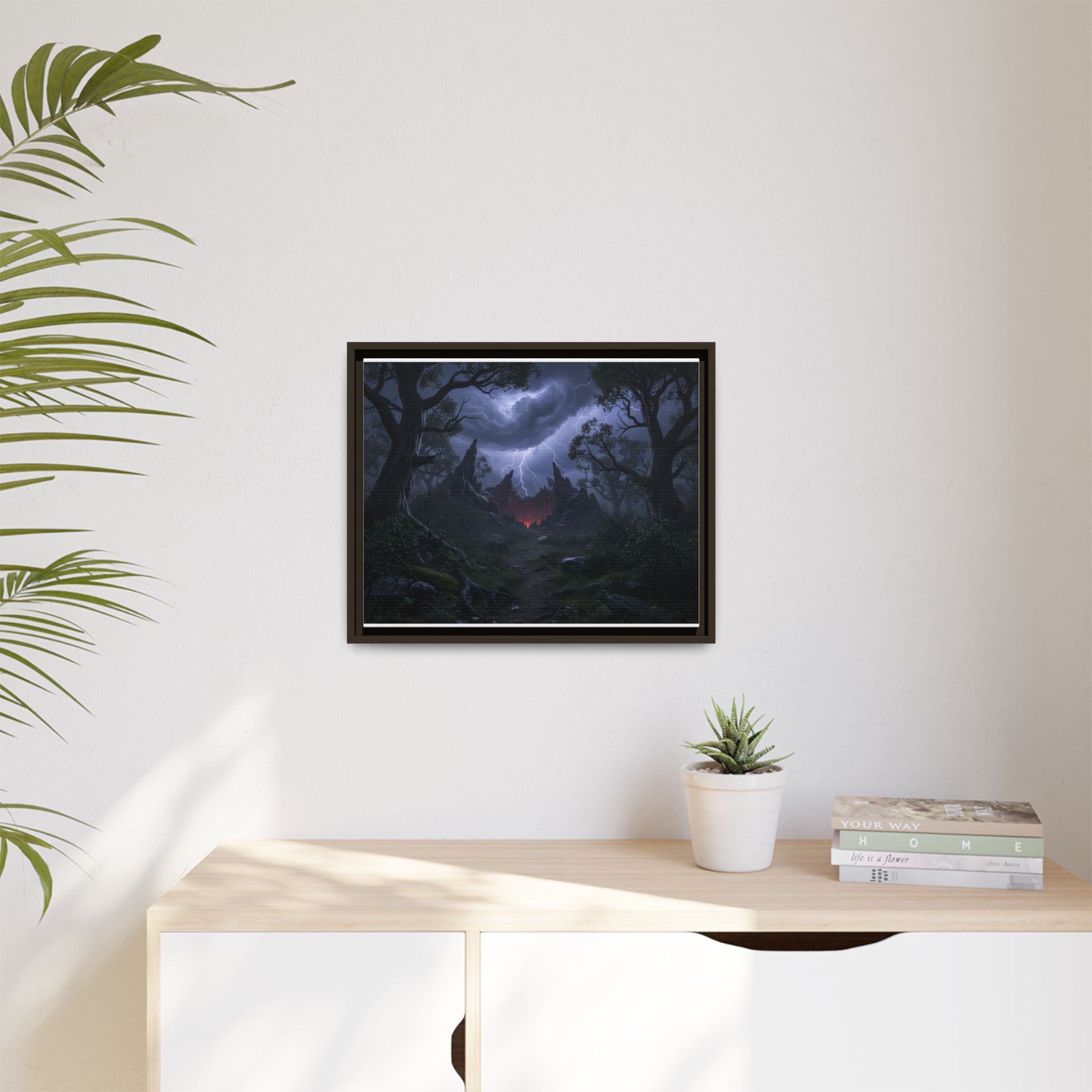 Dark Storm Forest Framed Canvas Print — Lightning, Haunted Castle Art