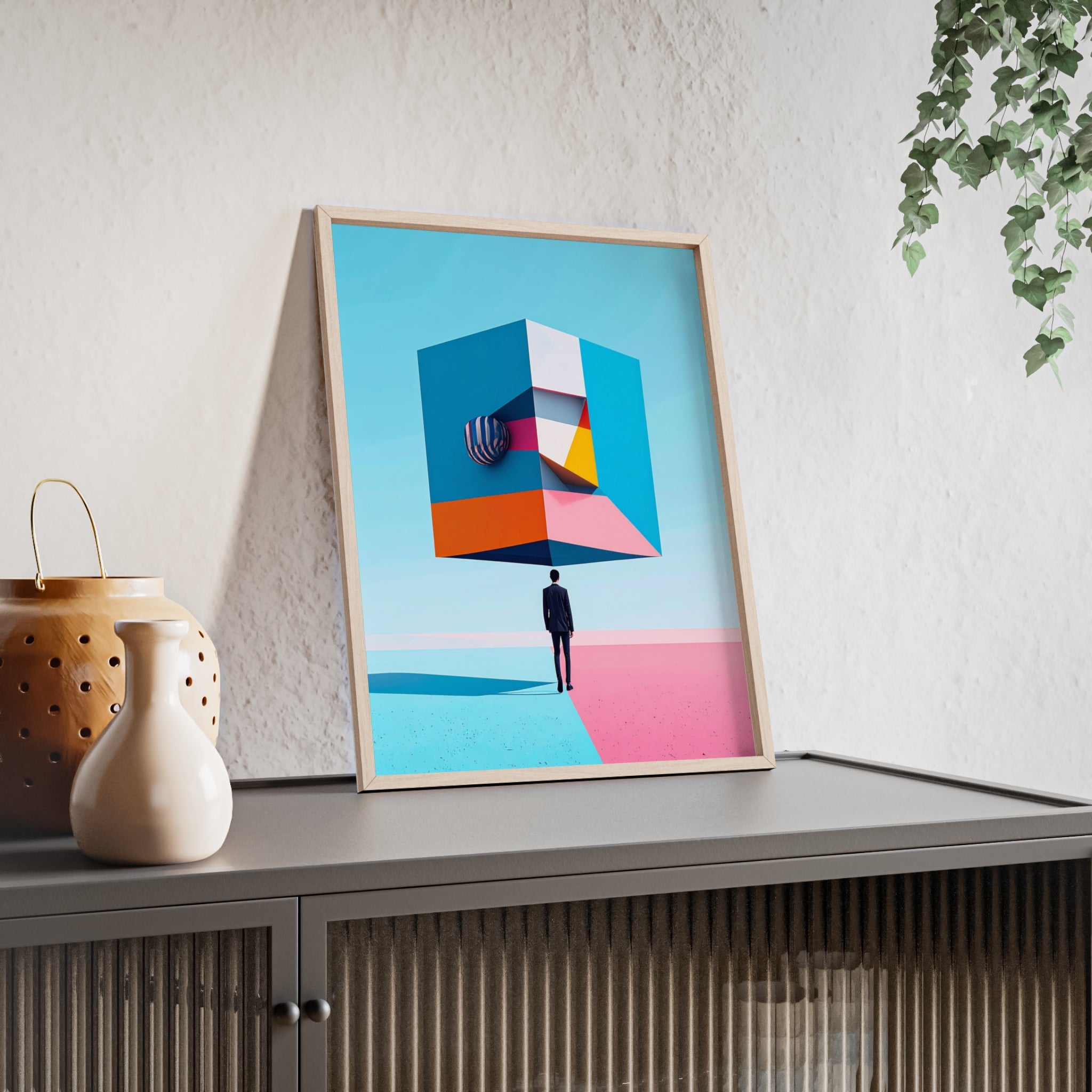 Surreal Geometric Art Poster with Wooden Frame — Modern Minimal Wall Decor