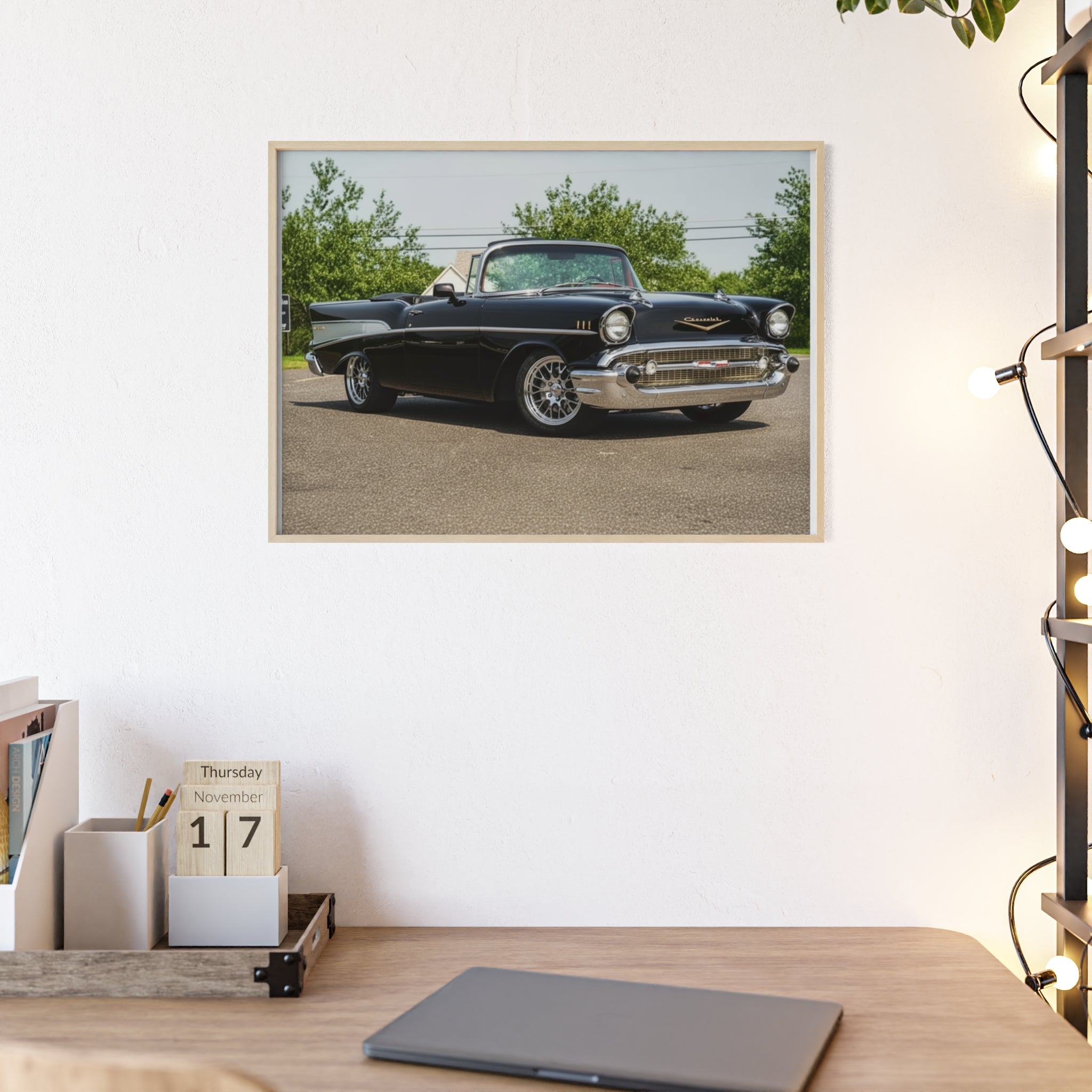 Classic Black 1957 Chevy Poster with Wooden Frame — Vintage Car Wall Art