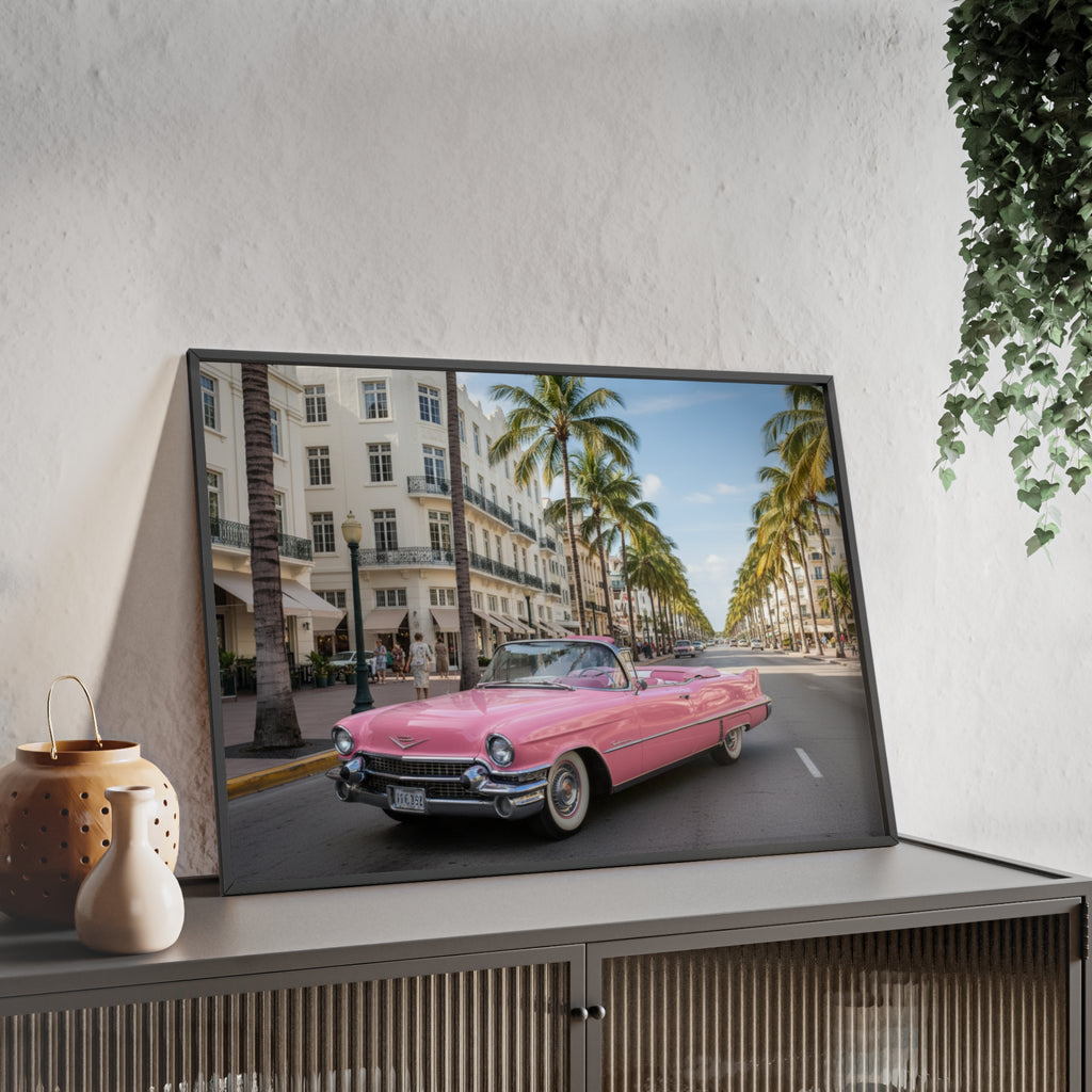 Vintage Pink Cadillac Wall Poster with Wooden Frame — Retro Miami Palm Street Photography