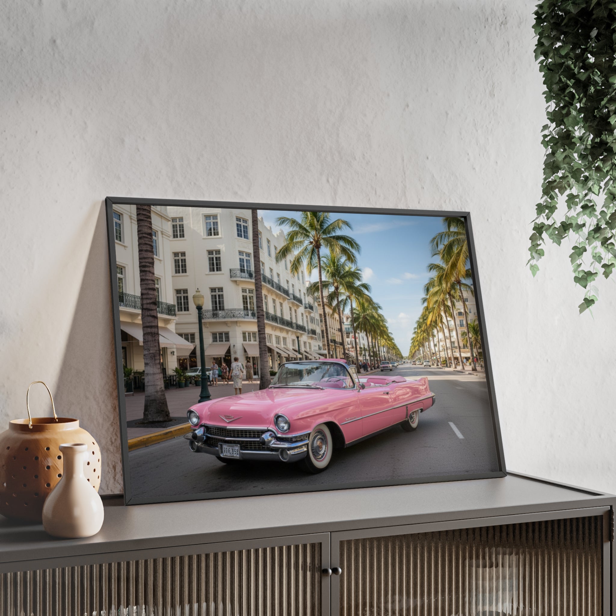 Vintage Pink Cadillac Wall Poster with Wooden Frame — Retro Miami Palm Street Photography