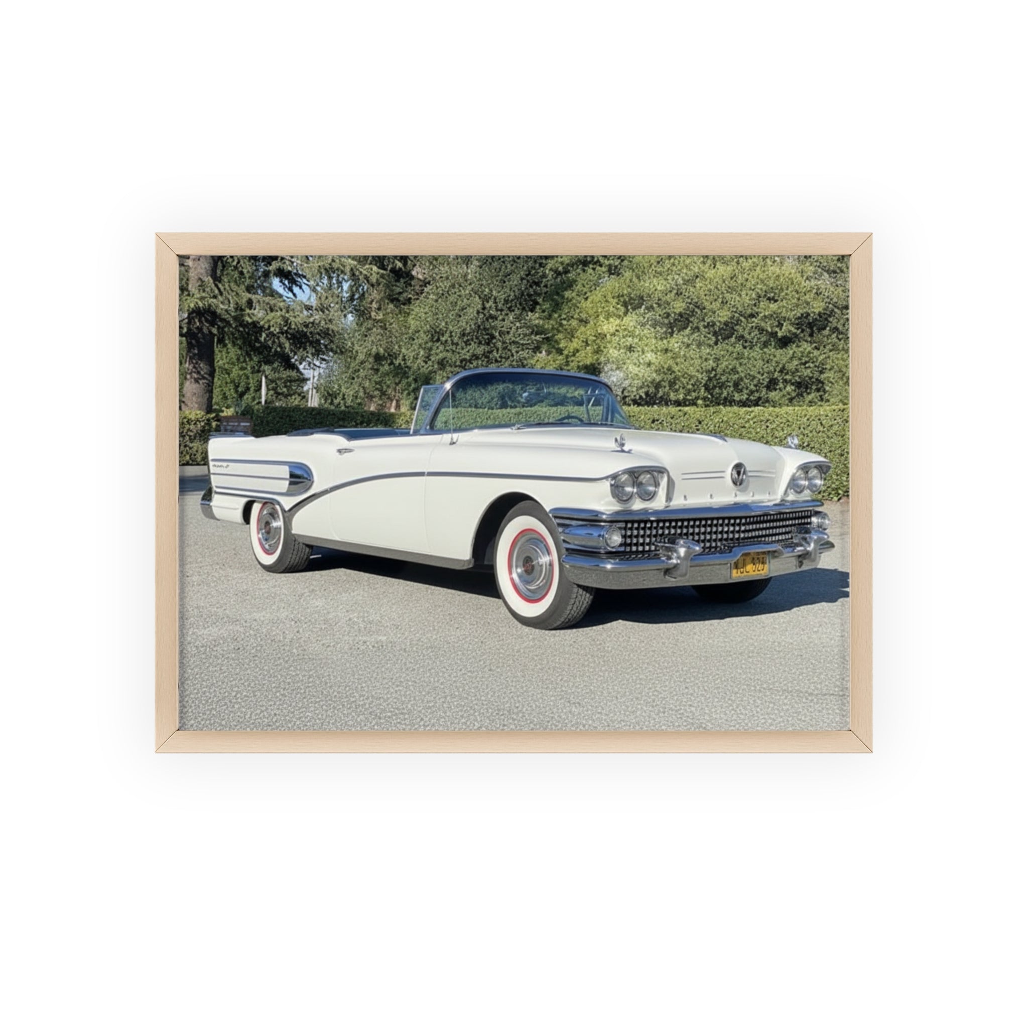 Classic White Convertible Car Poster with Wooden Frame — Vintage Auto Wall Art