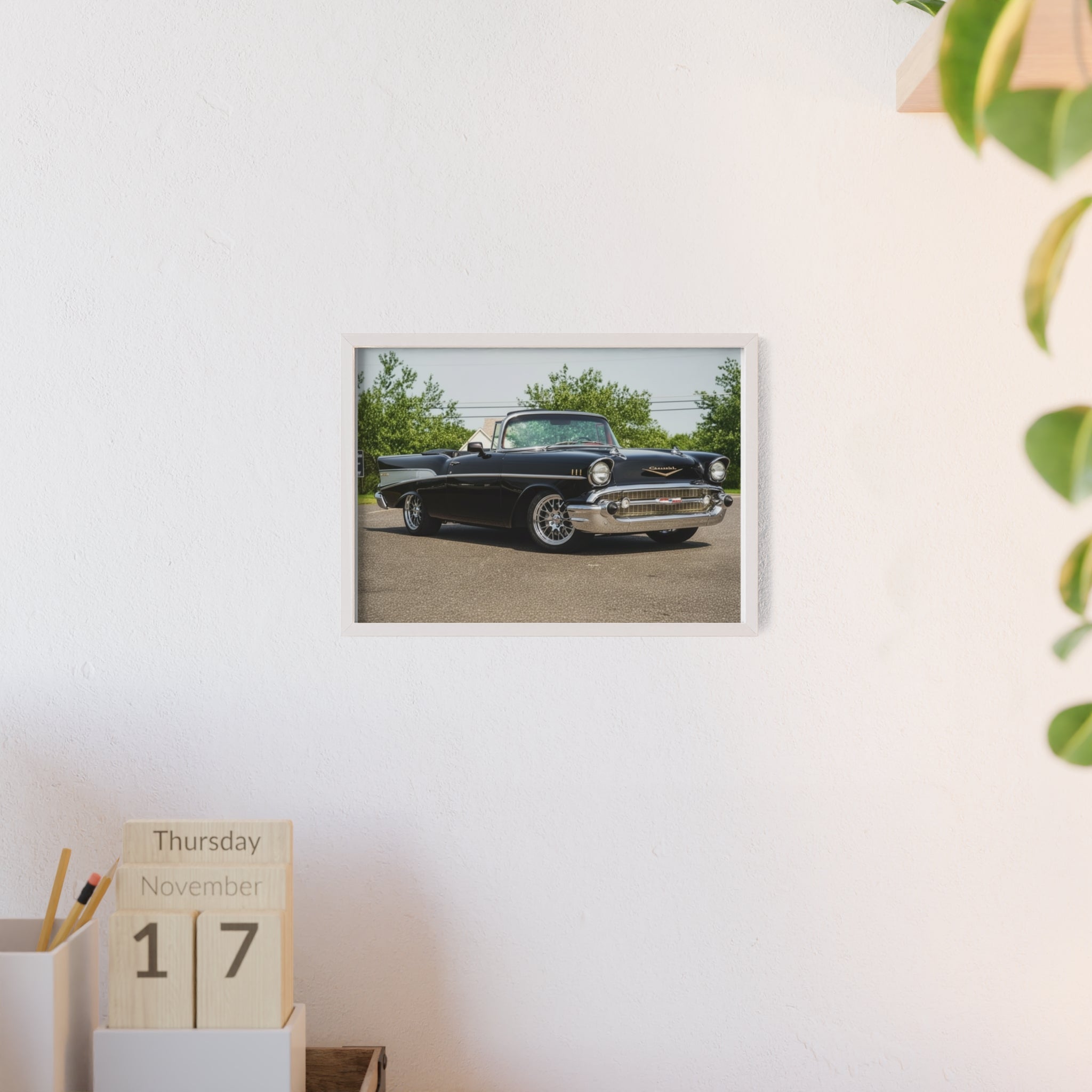 Classic Black 1957 Chevy Poster with Wooden Frame — Vintage Car Wall Art