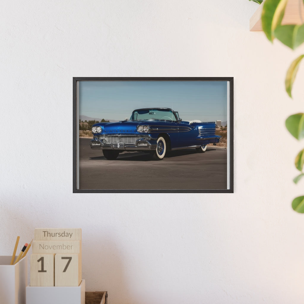 Framed Vintage Blue Classic Car Poster — Retro Automobile Wall Art