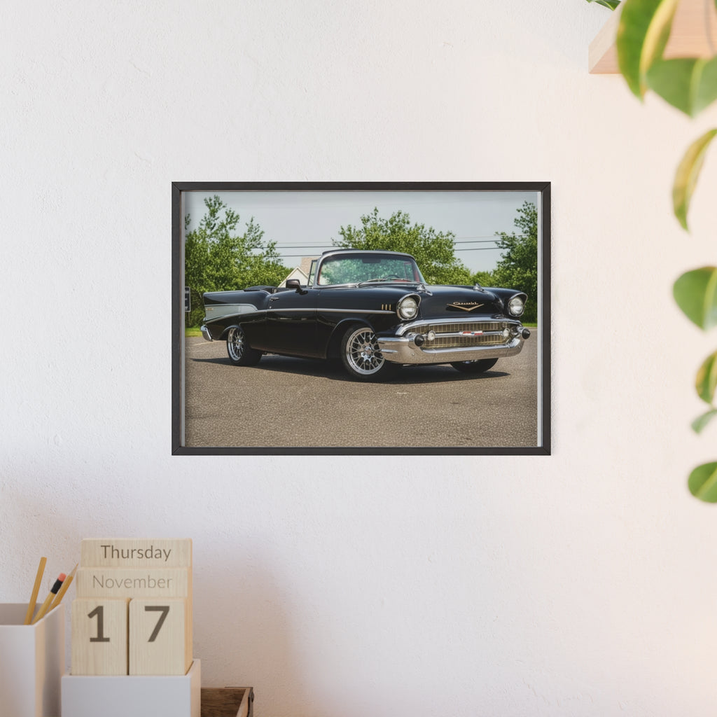 Classic Black 1957 Chevy Poster with Wooden Frame — Vintage Car Wall Art