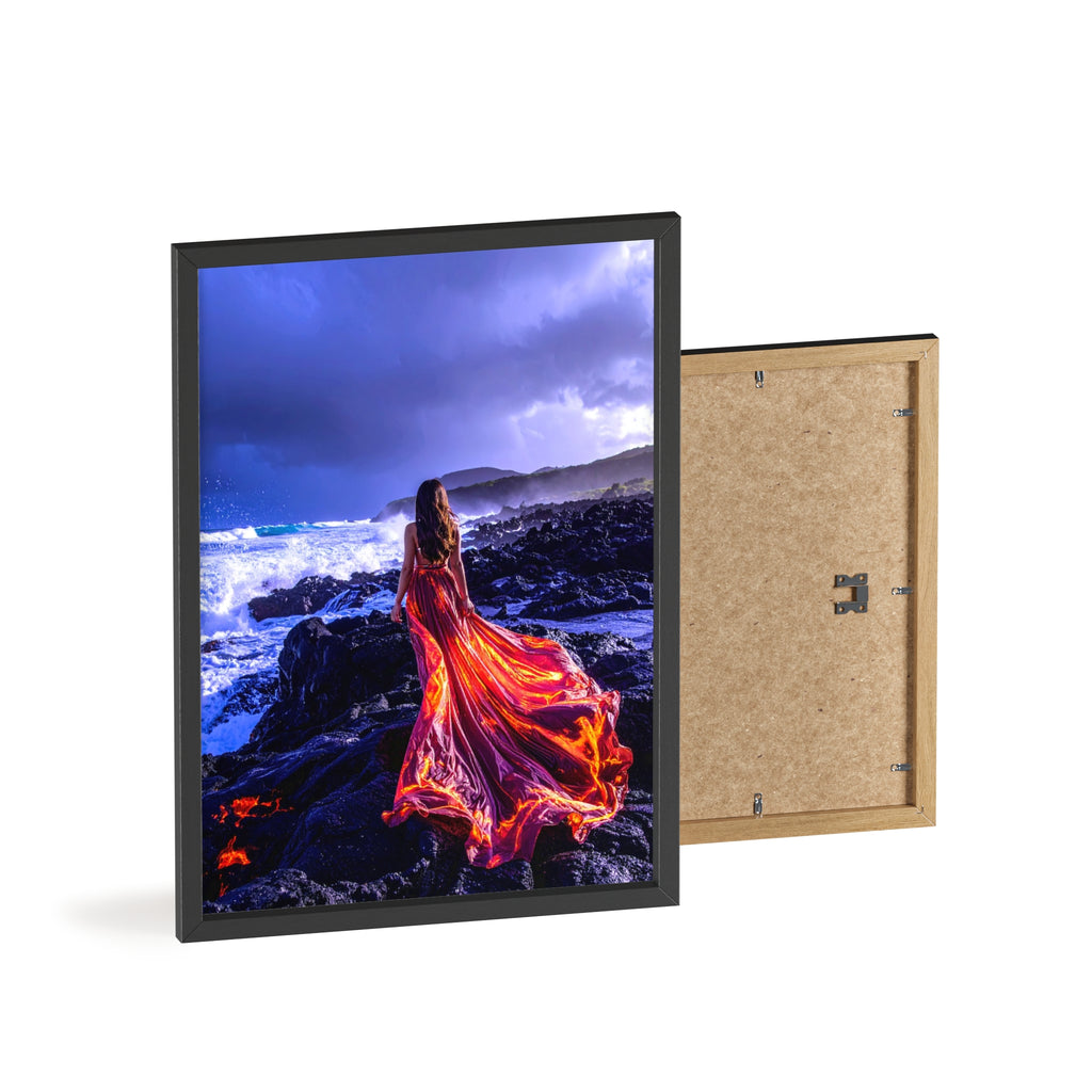 Framed Art Print — Woman in Fiery Red Dress on Rocky Shore (Wooden Frame Poster)