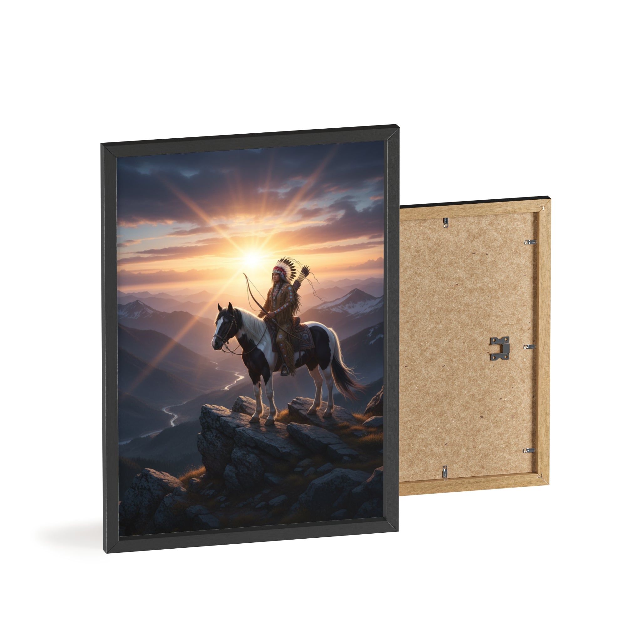 Native American Warrior on Horse Framed Poster — Scenic Sunrise Wall Art
