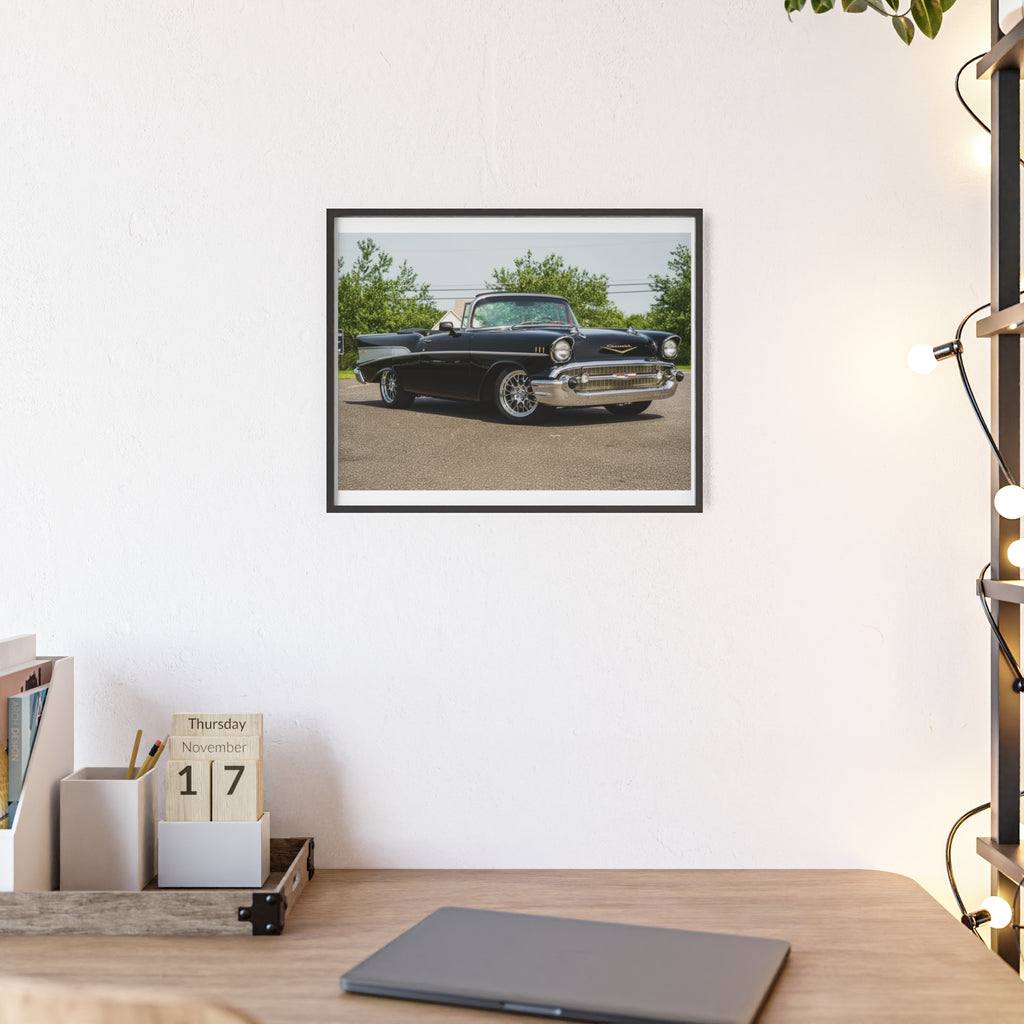 Classic Black 1957 Chevy Poster with Wooden Frame — Vintage Car Wall Art