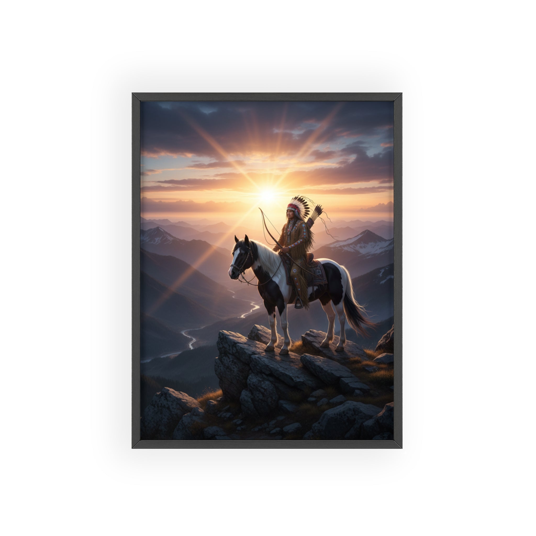Native American Warrior on Horse Framed Poster — Scenic Sunrise Wall Art