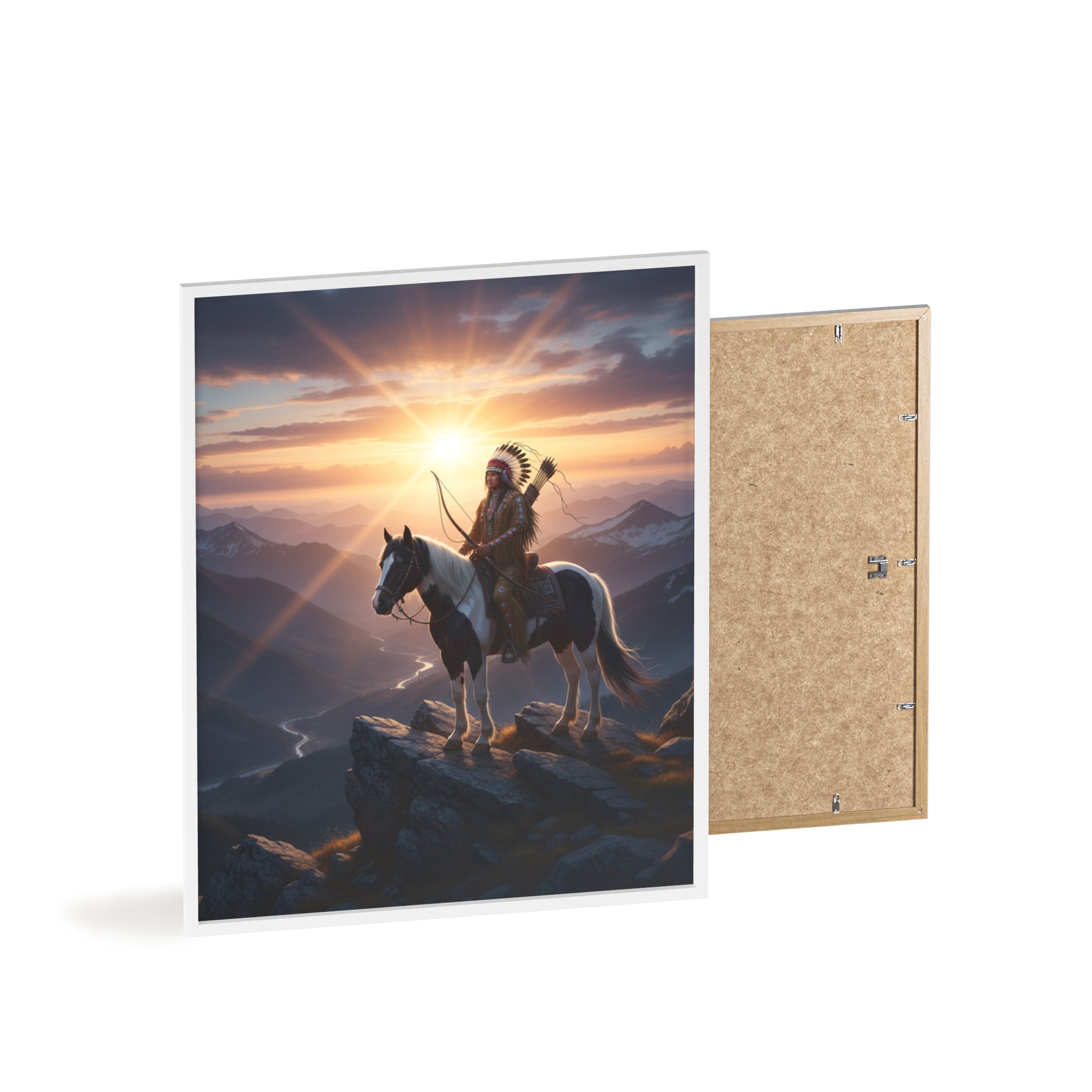Native American Warrior on Horse Framed Poster — Scenic Sunrise Wall Art
