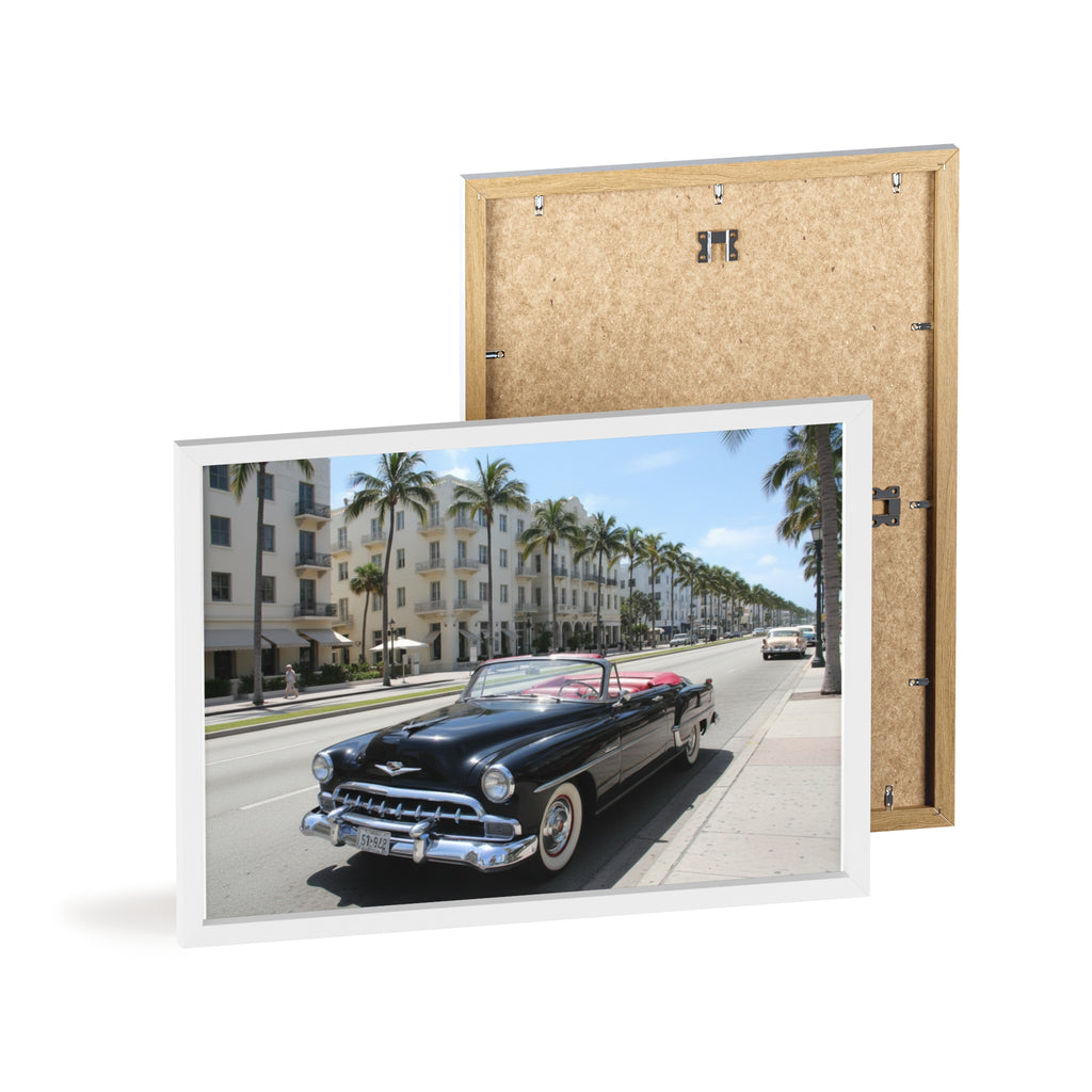 Vintage Convertible on Ocean Drive Framed Poster – Retro Classic Car Wall Art