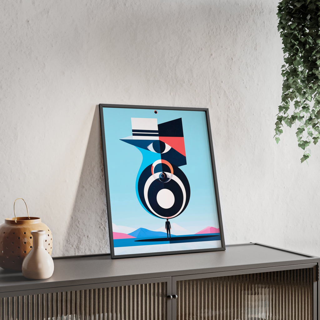 Abstract Geometric Bird Poster with Wooden Frame — Modern Minimalist Wall Art
