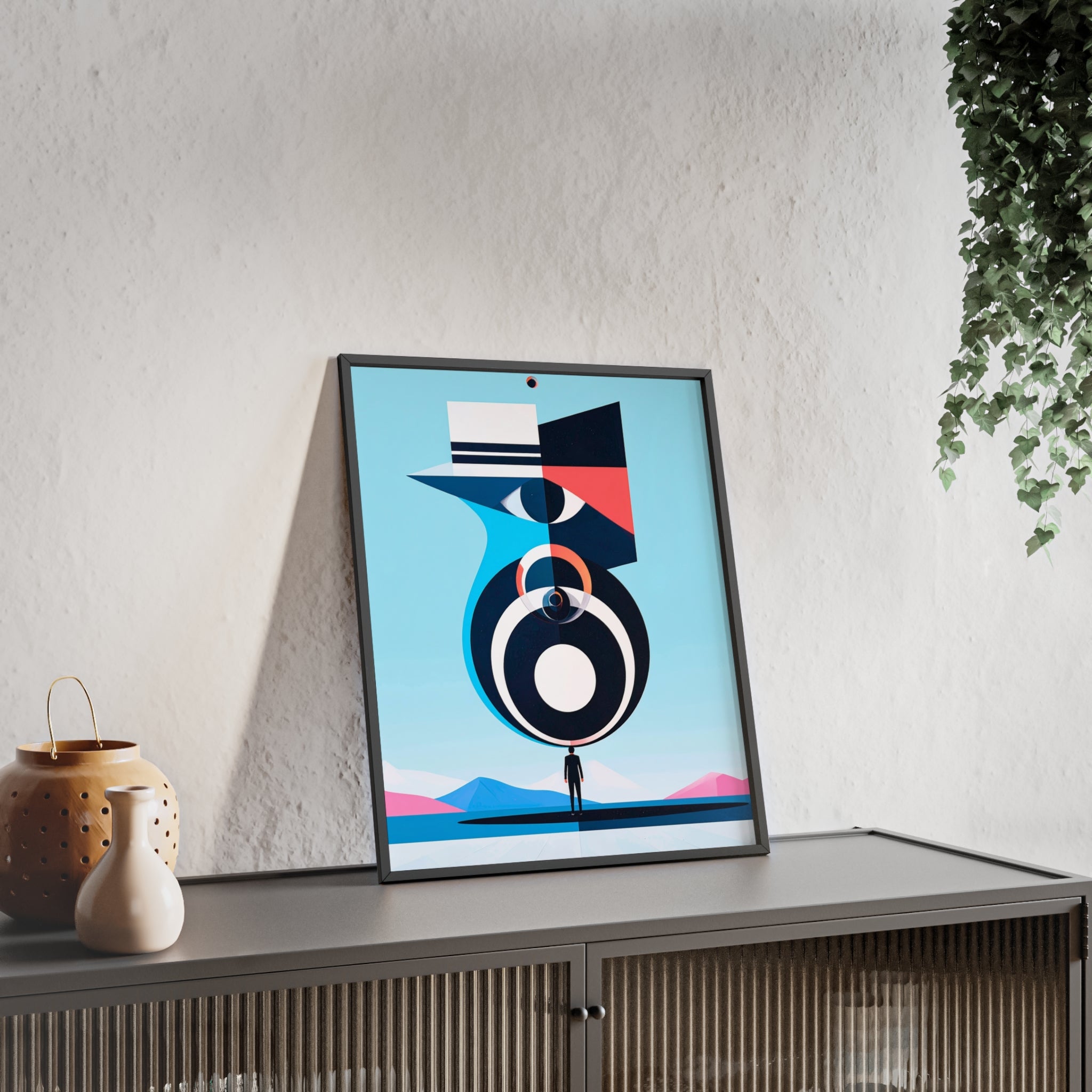 Abstract Geometric Bird Poster with Wooden Frame — Modern Minimalist Wall Art