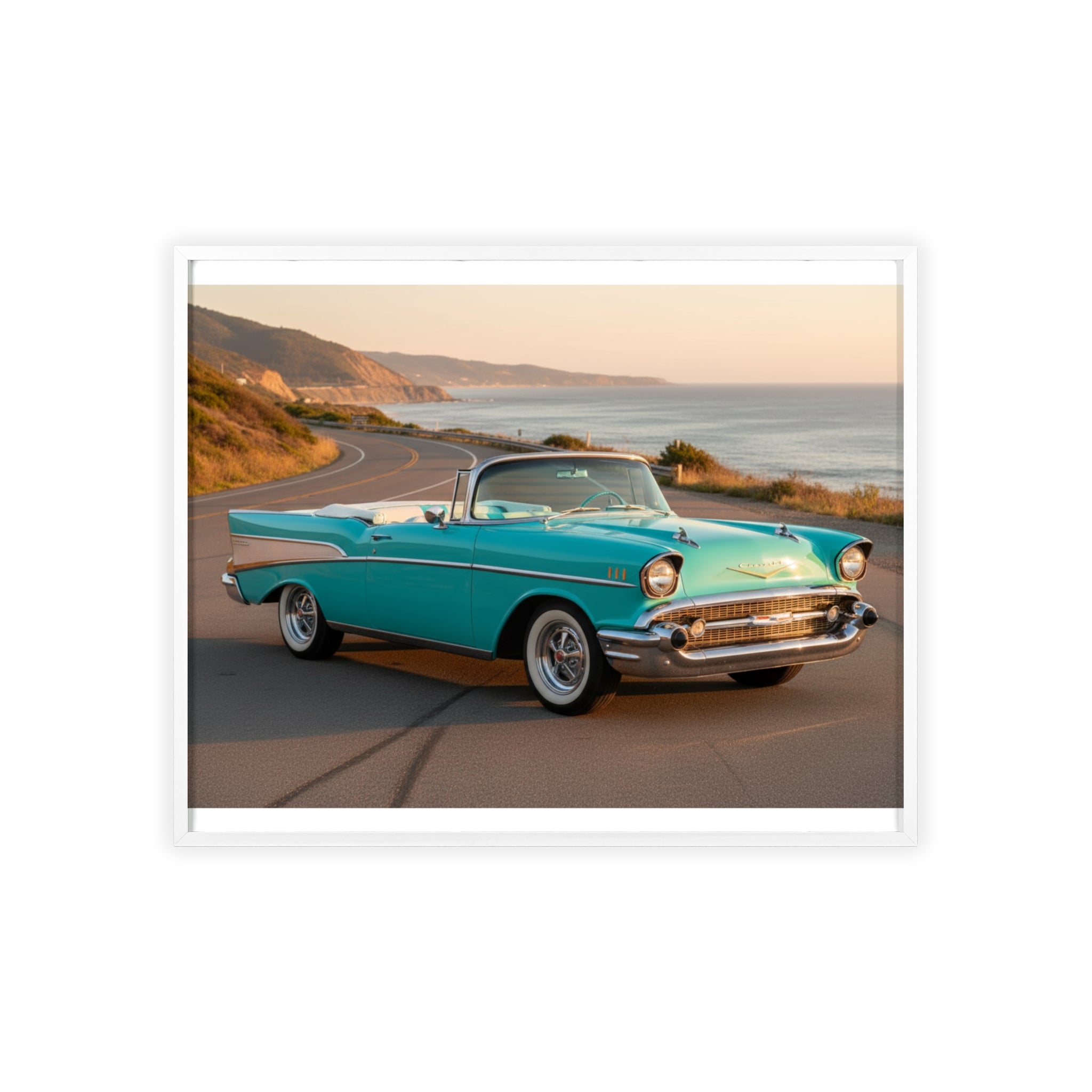 Vintage Teal Classic Car Poster with Wooden Frame — Coastal Road Print