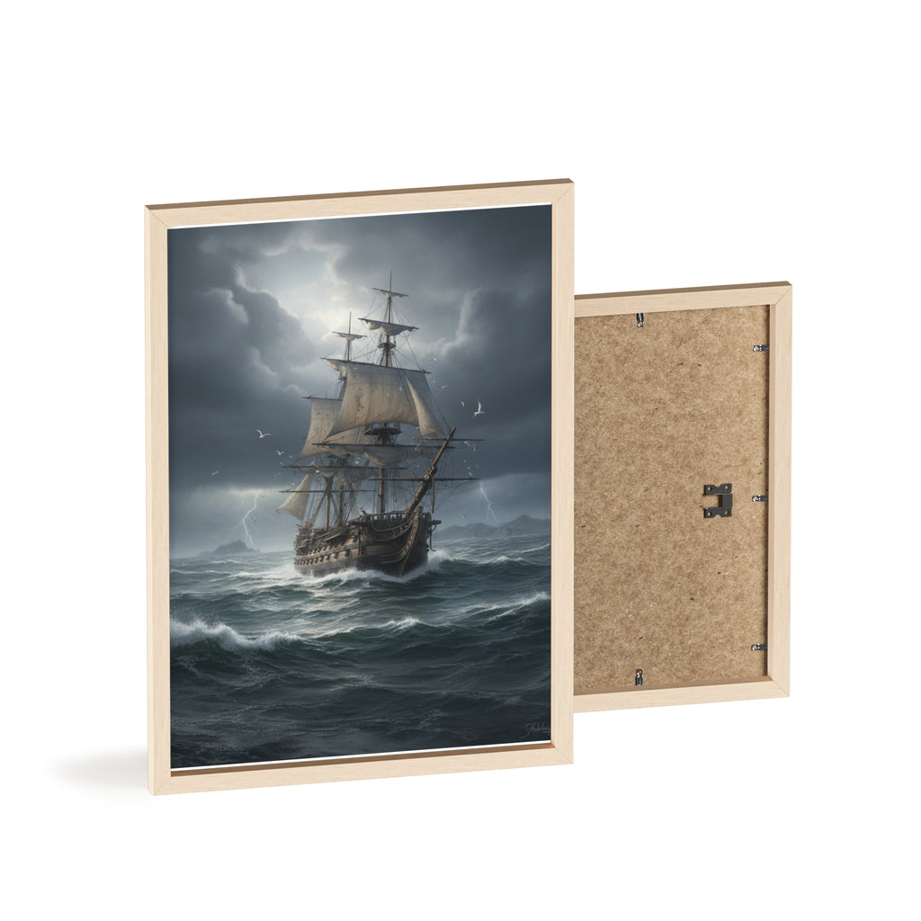 Framed Stormy Sea Ship Poster — Nautical Wall Art with Wooden Frame