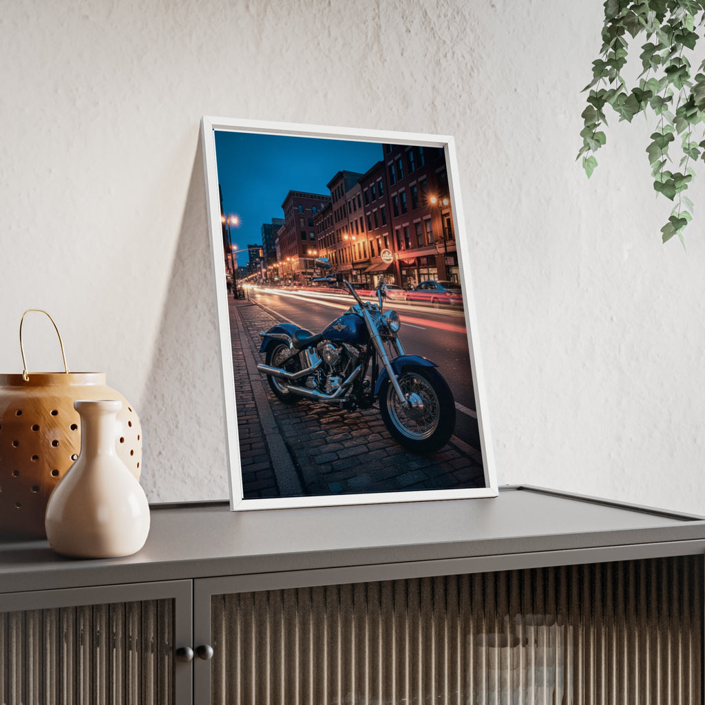 Framed Motorcycle Poster — Night City Street Bike Wall Art