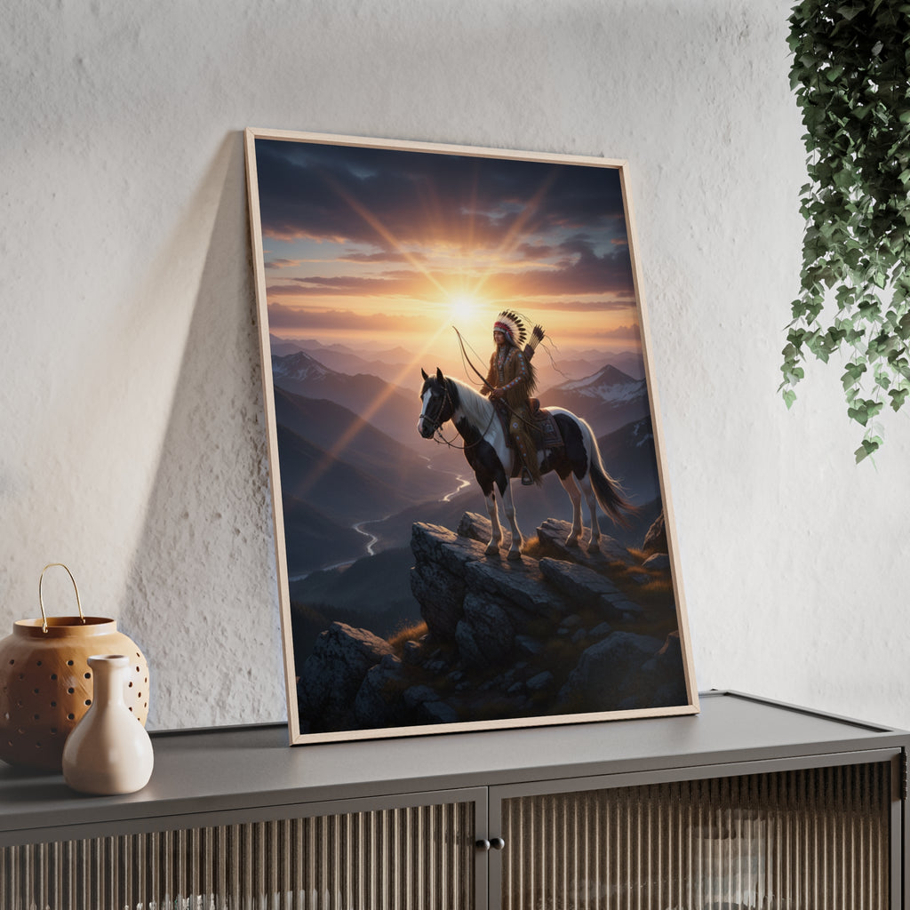 Native American Warrior on Horse Framed Poster — Scenic Sunrise Wall Art