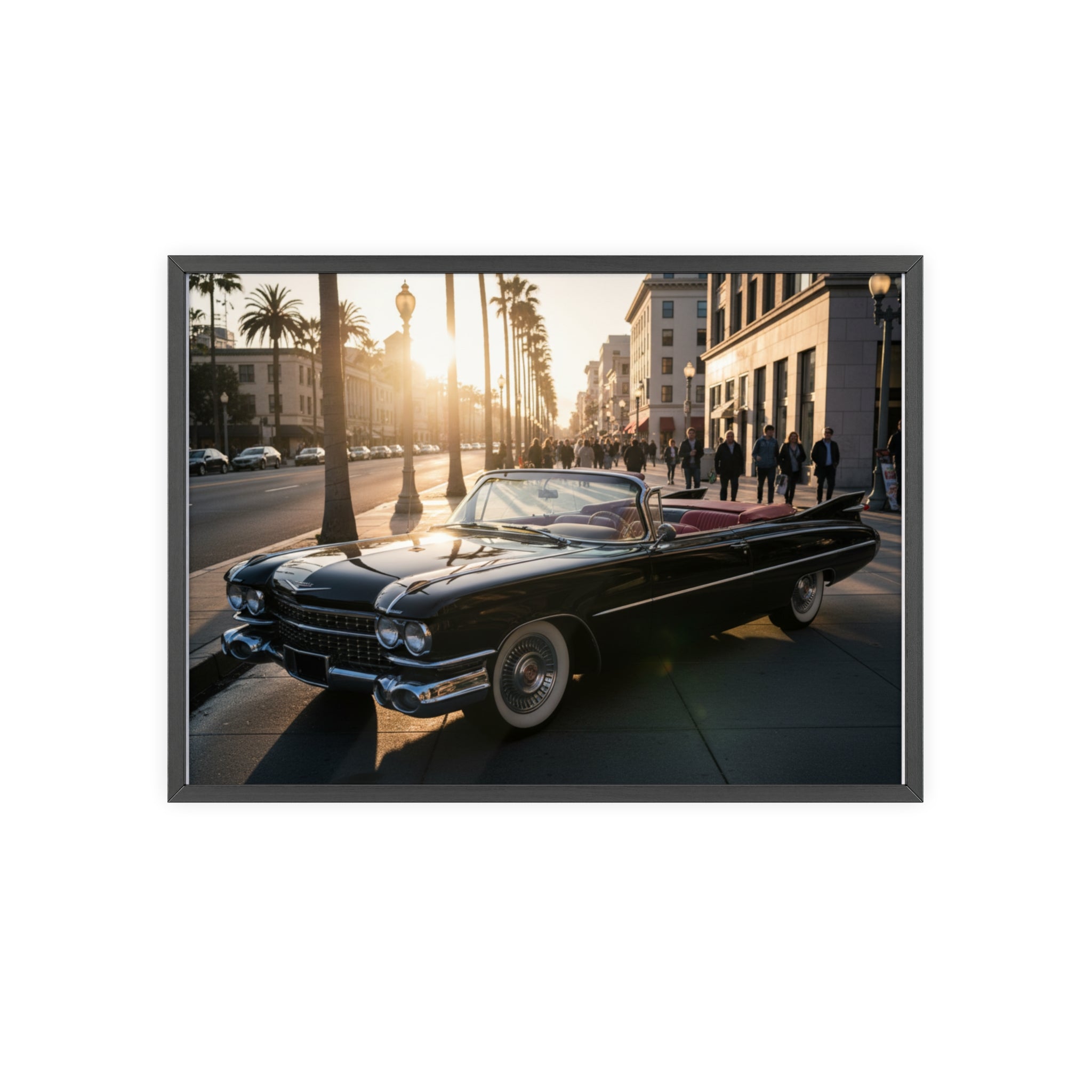Vintage Convertible Sunset Poster with Wooden Frame