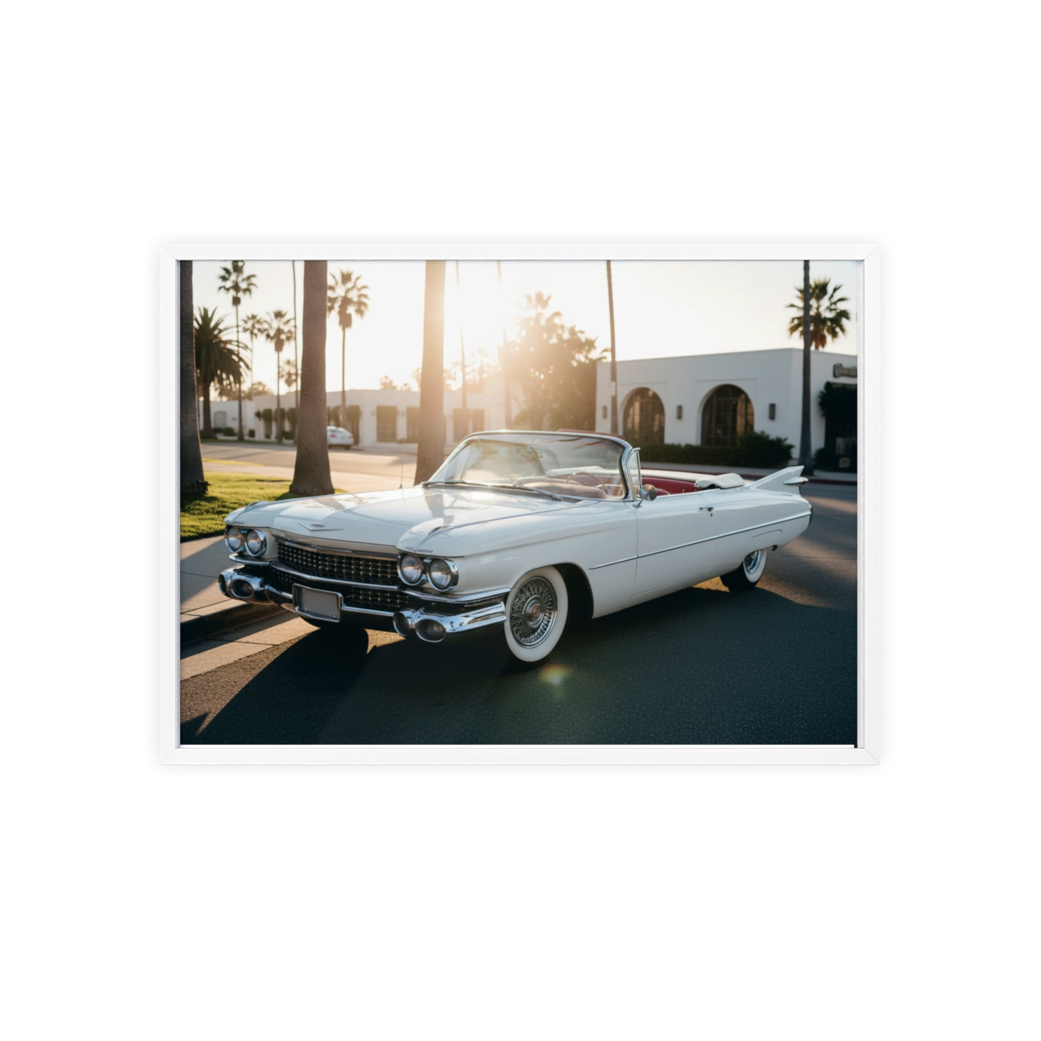 Vintage Cadillac Convertible Poster with Wooden Frame — Retro Palm Trees Sunset Wall Art